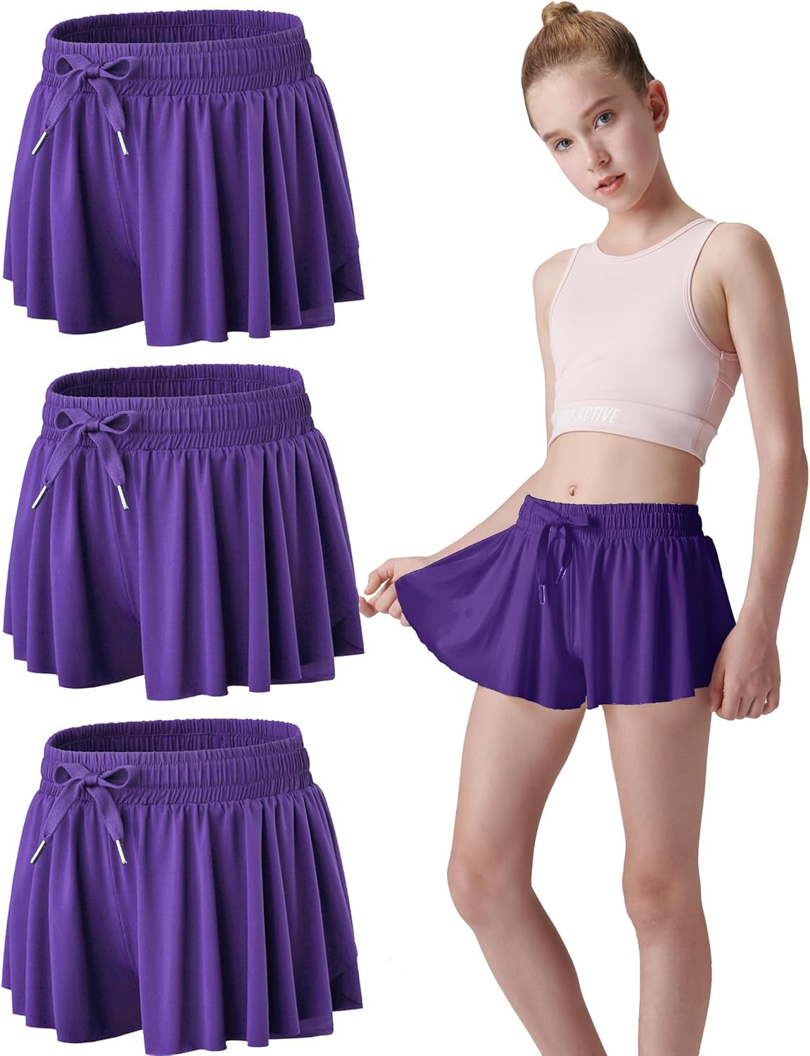 3 Pack Girls Flowy Shorts with Spandex Liner 2-In-1 Youth Butterfly Skirts for Fitness, Running, Sports