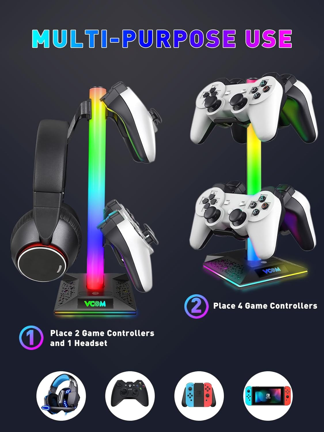 RGB Gaming Headphones Stand with 2 USB Ports Headset Stand with 10 Light Modes and Non-Slip Rubber, Suitable for All Earphone Accessories, Best Gift for Husband, Kids, Boyfriend