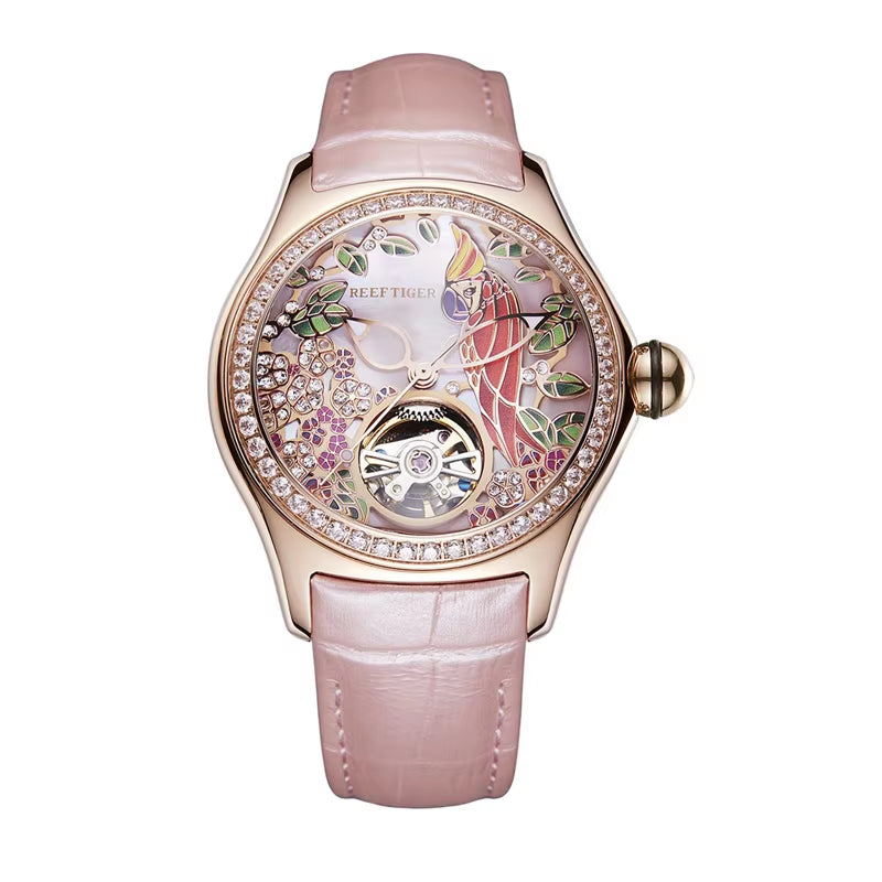 Reef Tiger/Rt Womens Luxury Fashion Watches Waterproof Watches Diamonds Pink Dial Automatic Tourbillon Watches RGA7105