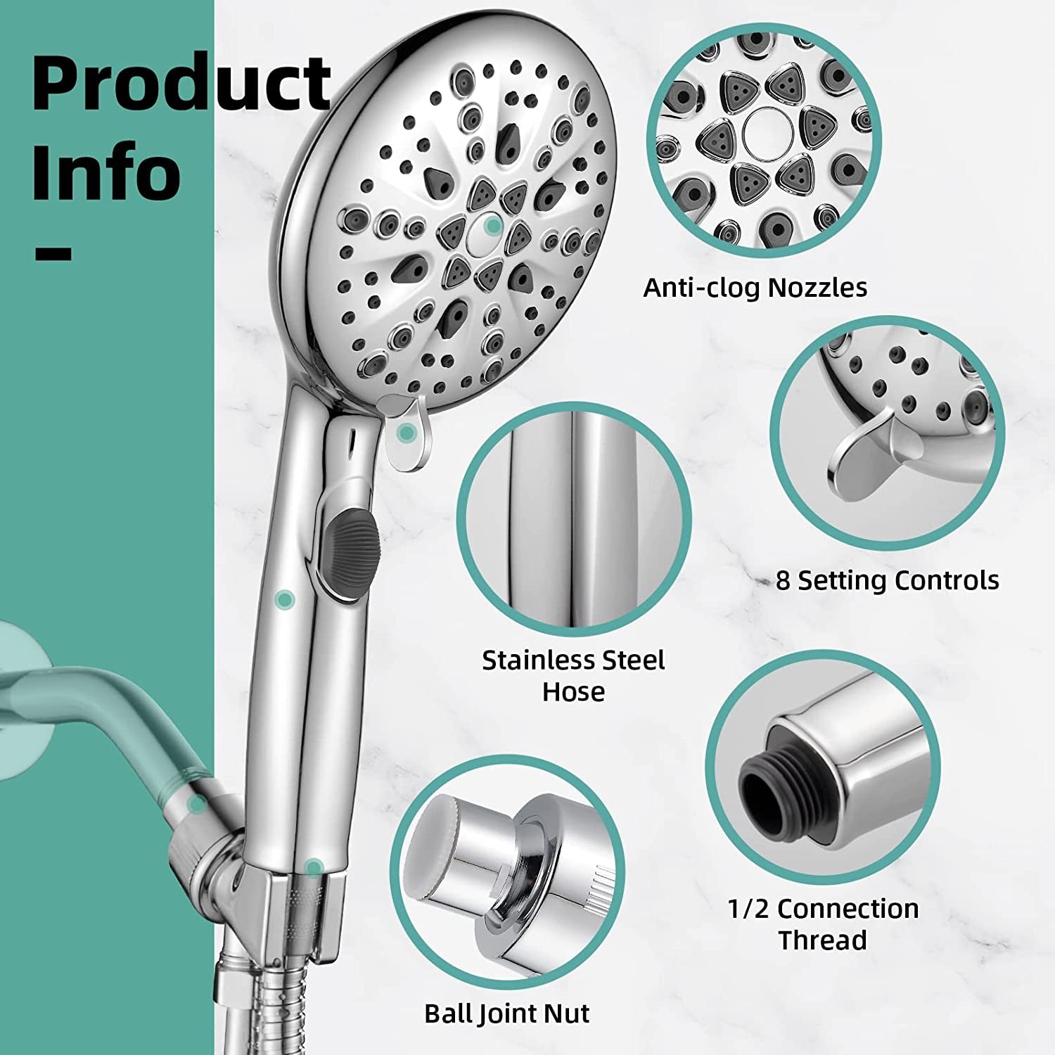 High Pressure 9 Functions Shower Head with Handheld - Luxury Modern Chrome Look, Built-In Power Spray to Clean Corner, Tub and Pets, Stainless Steel Hose Adjustable Bracket, Chrome