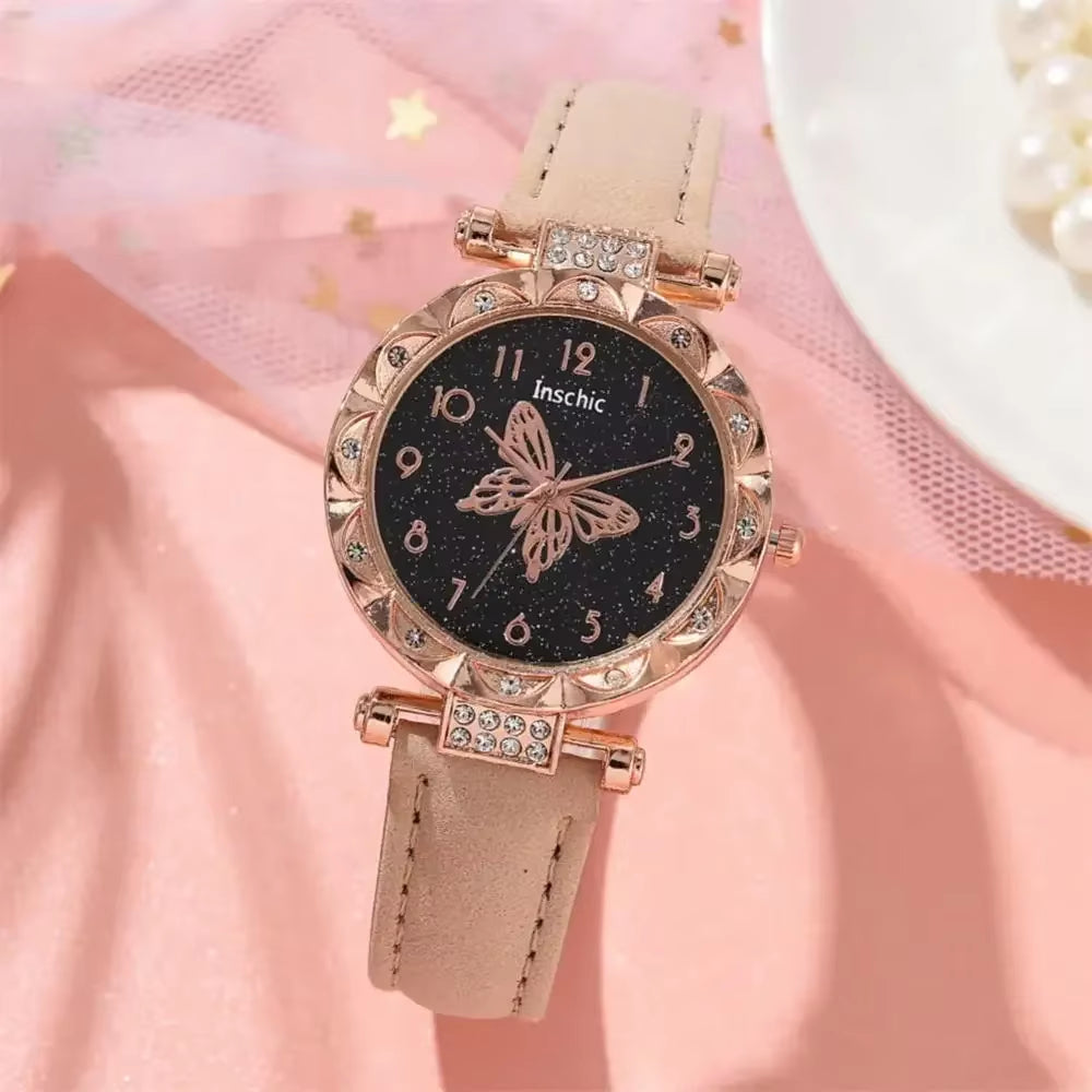 Women Fashion Watch Set No Box Quartz Wristwatch Luxury Crystal Rhinestone Pearl Quartz Watches Butterfly Watches Bracelet Set