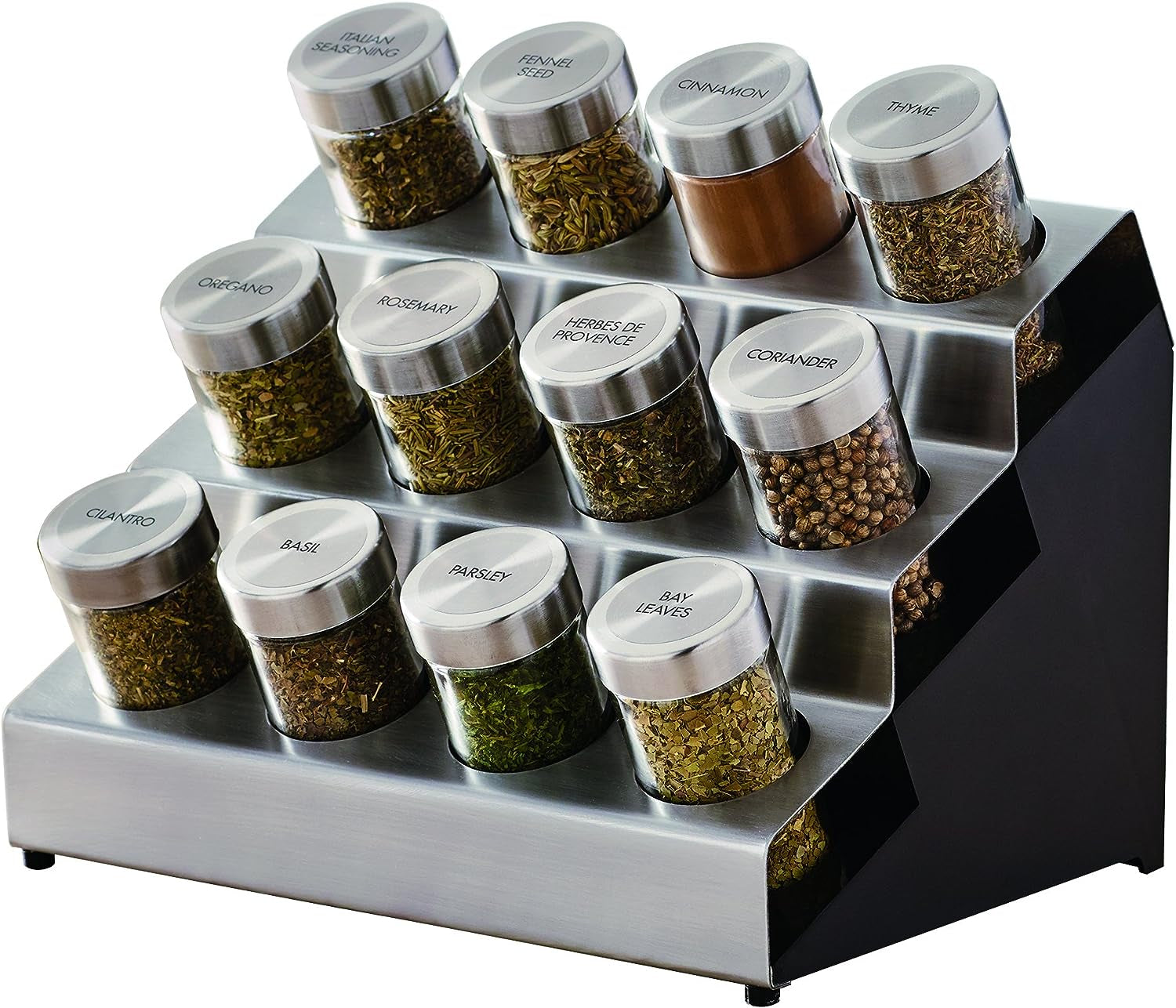 20 Jar Revolving Countertop Spice Rack with Spices Included, FREE Spice Refills for 5 Years, Polished Stainless Steel with Black Caps, 30020