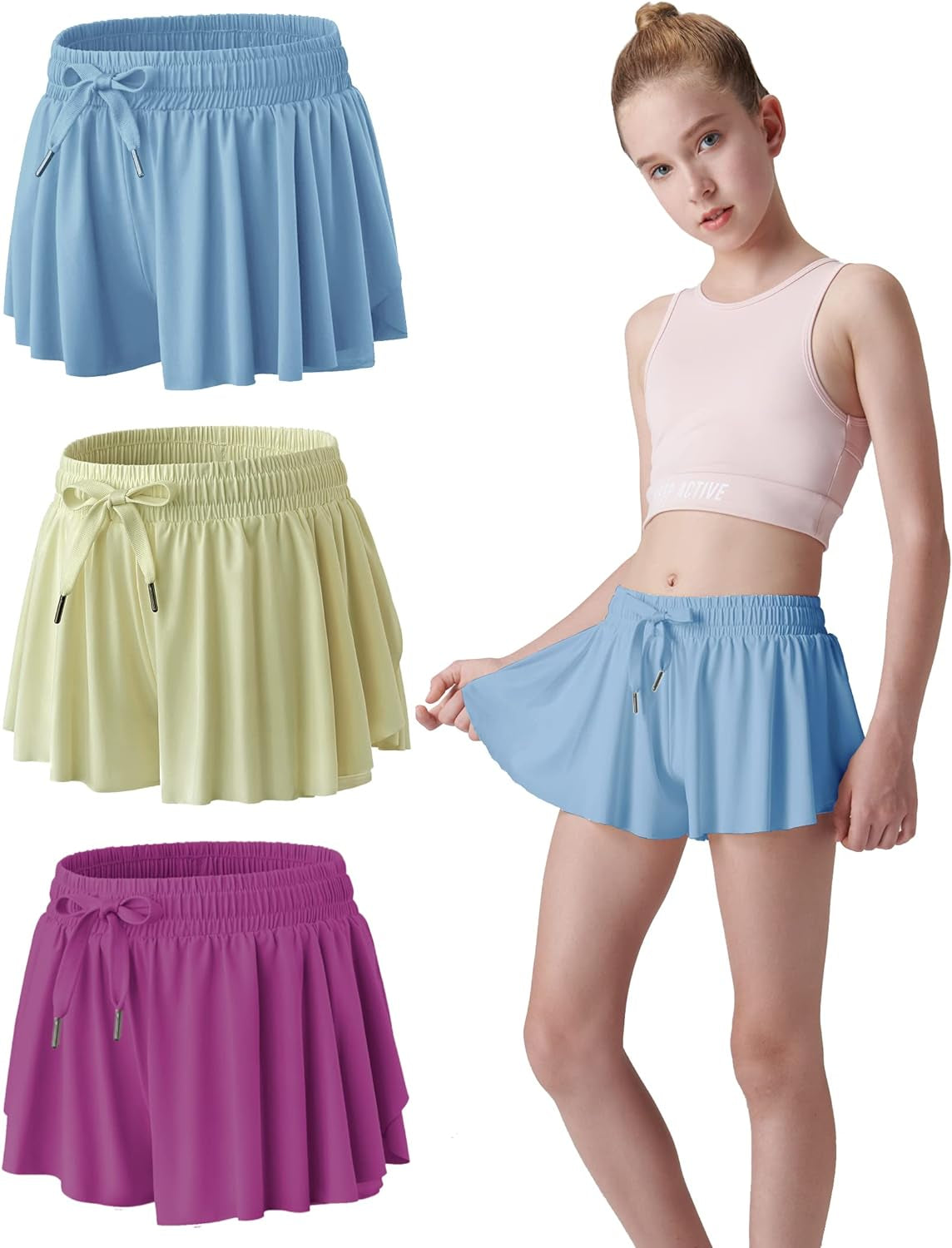 3 Pack Girls Flowy Shorts with Spandex Liner 2-In-1 Youth Butterfly Skirts for Fitness, Running, Sports