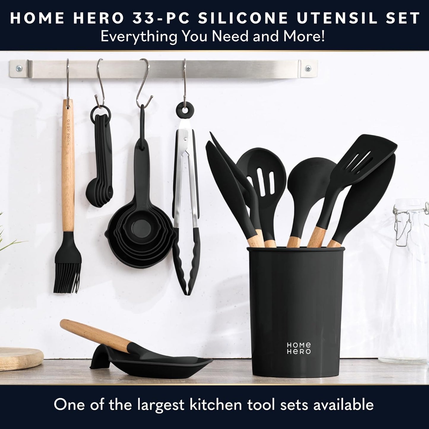 33 Pcs Kitchen Cooking Utensils Set, Non-Stick Silicone Cooking Kitchen Utensils Spatula Set with Holder, Wooden Handle Silicone Kitchen Gadgets Utensil Set (33 Pcs - Black)