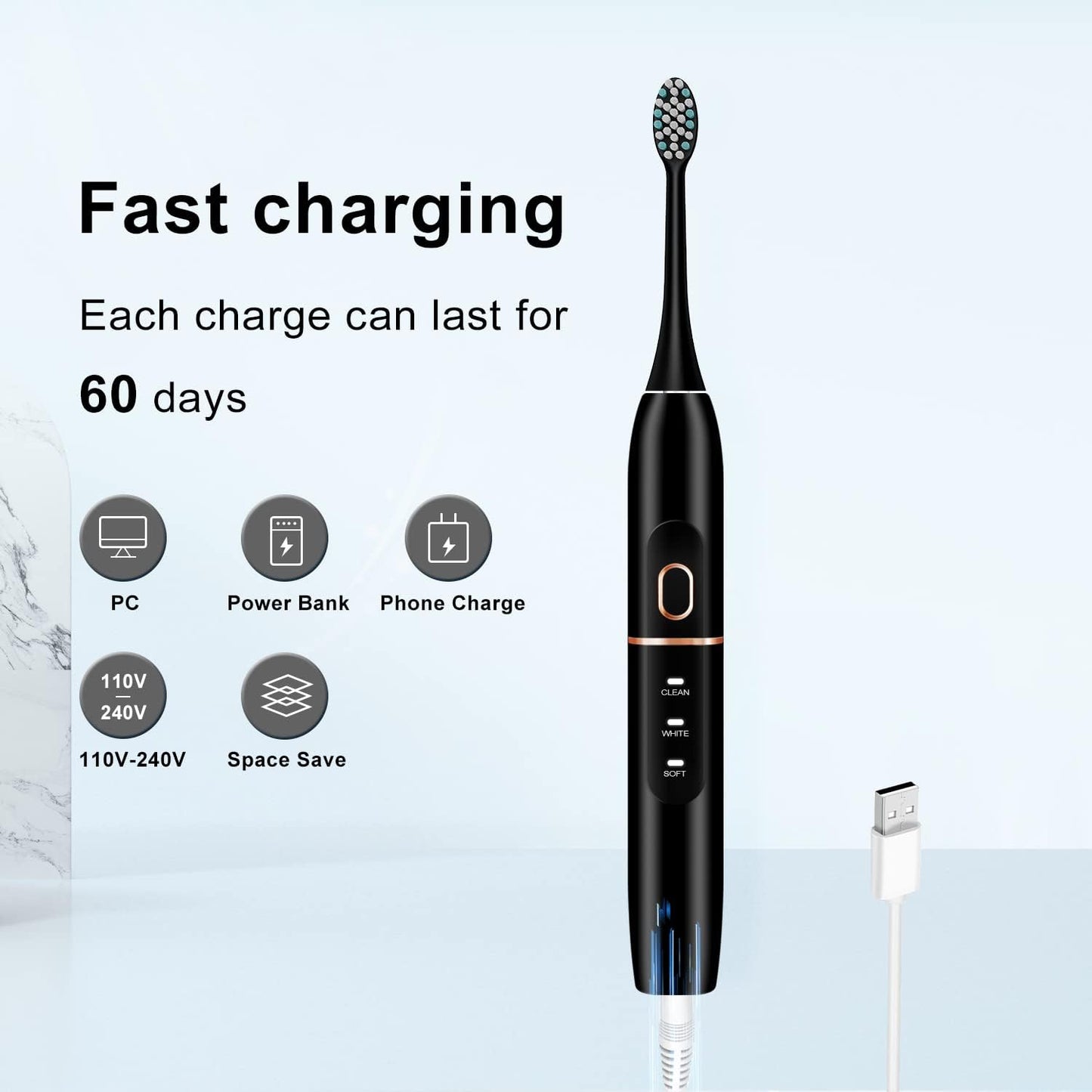 Electric Toothbrush Set, Comes with 8 Brush Heads & Travel Case,4 Modes with 2 Minutes Built in Smart Timer, One Charge for 60 Days, 42000 VPM Motor (Black)