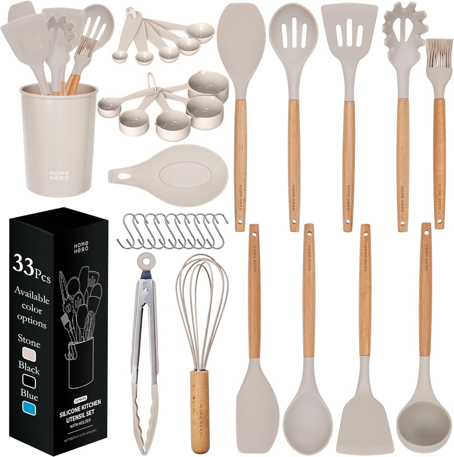 33 Pcs Kitchen Cooking Utensils Set, Non-Stick Silicone Cooking Kitchen Utensils Spatula Set with Holder, Wooden Handle Silicone Kitchen Gadgets Utensil Set (33 Pcs - Black)