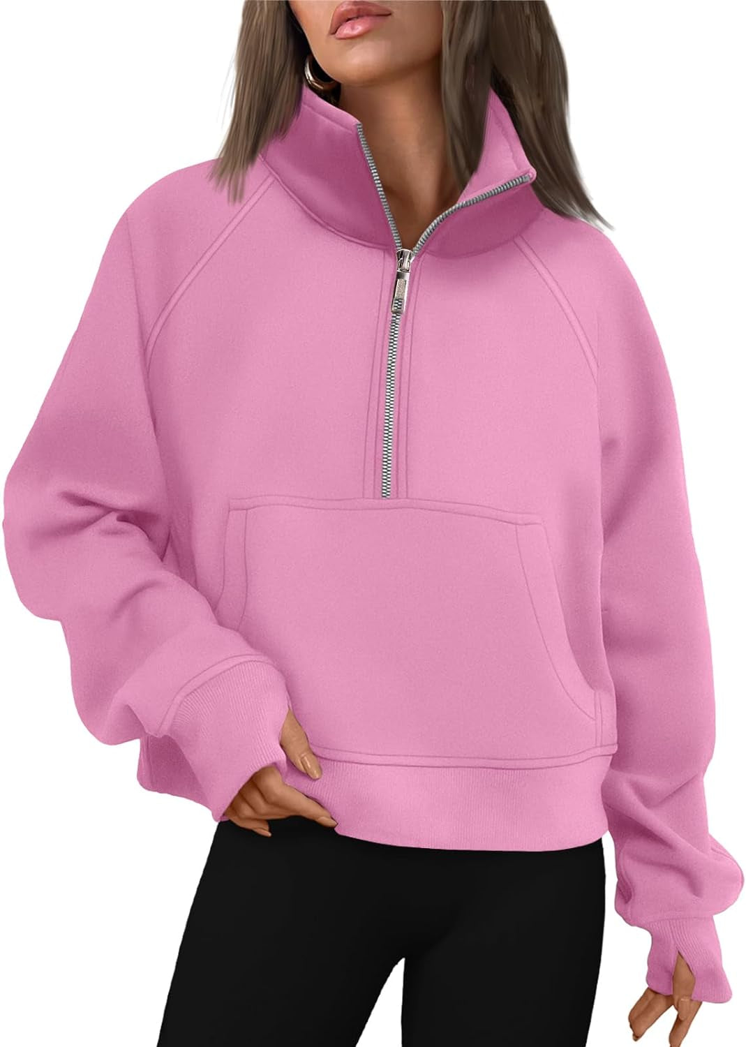 Womens Sweatshirts Half Zip Cropped Pullover Fleece Quarter Zipper Hoodies Fall Outfits Clothes Thumb Hole