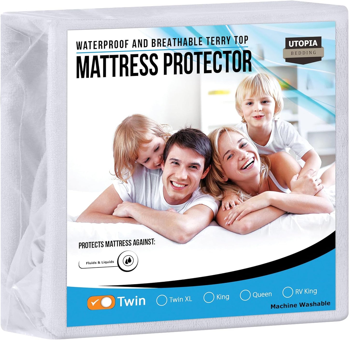 Waterproof Mattress Protector Twin Size, Premium Terry Mattress Cover 200 GSM, Breathable, Fitted Style with Stretchable Pockets (White)