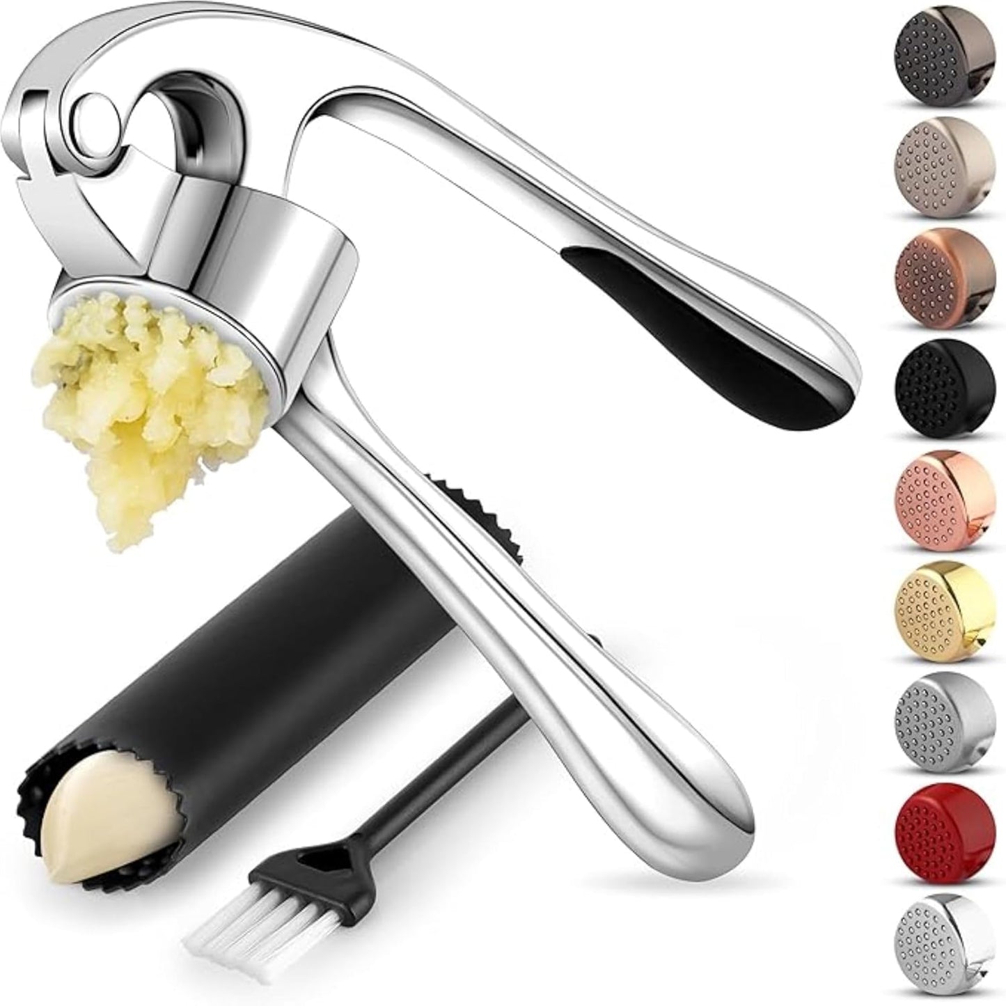 Premium Garlic Press Set - Rust Proof & Dishwasher Safe Professional Garlic Mincer Tool - Easy-Squeeze, Easy-Clean with Soft, Ergonomic Handle - Silicone Garlic Peeler & Brush (Silver)