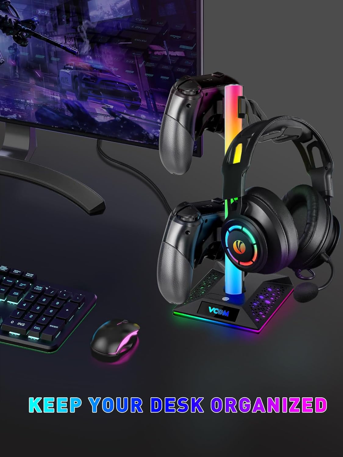 RGB Gaming Headphones Stand with 2 USB Ports Headset Stand with 10 Light Modes and Non-Slip Rubber, Suitable for All Earphone Accessories, Best Gift for Husband, Kids, Boyfriend