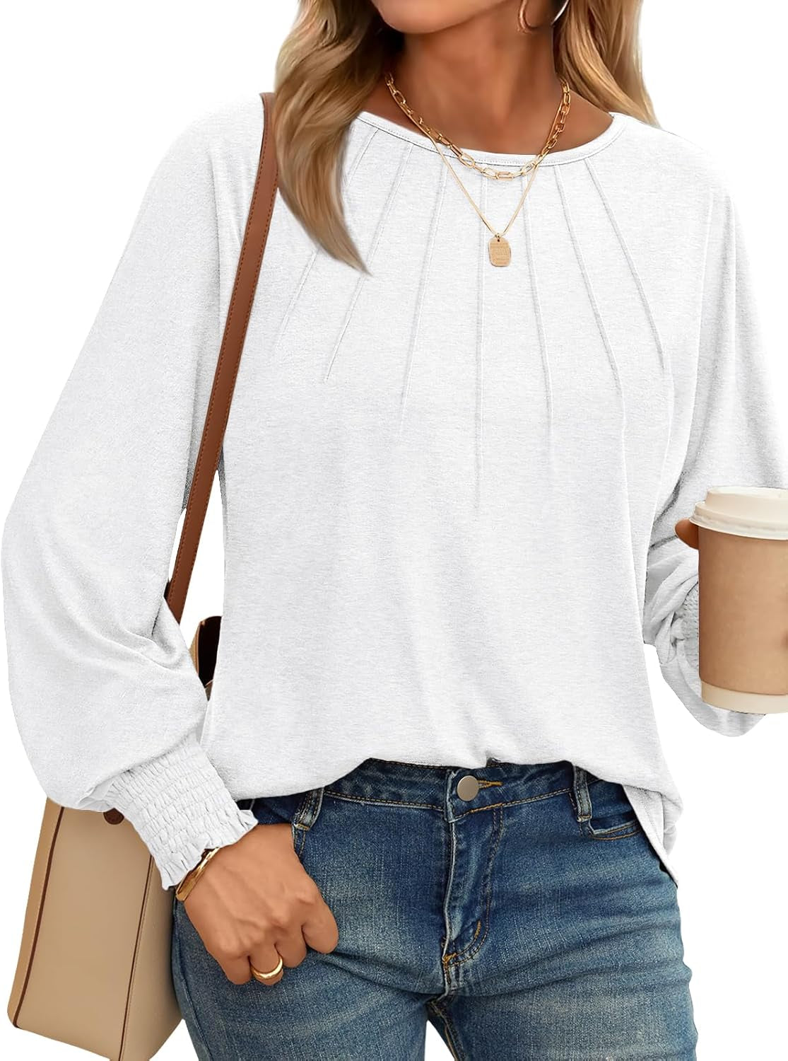 Womens Fall Fashion Long Sleeve Shirts Fall Tops Pleated Shirts Casual Loose Dressy Basic Trendy Clothes 2024