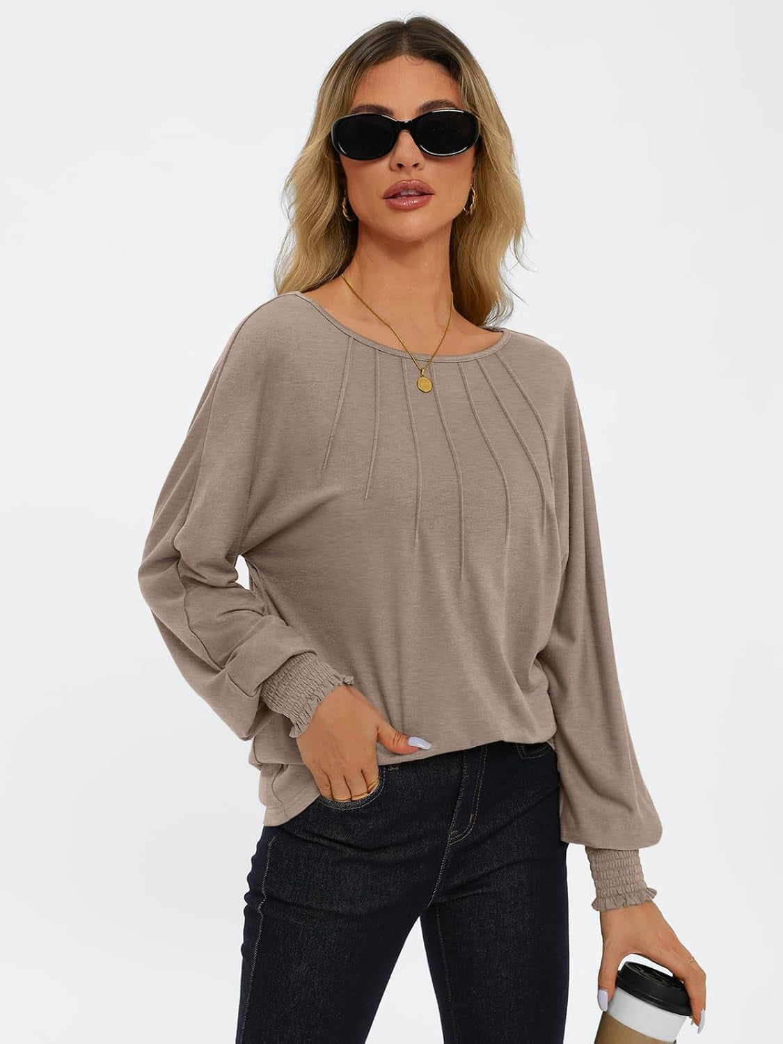 Womens Fall Fashion Long Sleeve Shirts Fall Tops Pleated Shirts Casual Loose Dressy Basic Trendy Clothes 2024