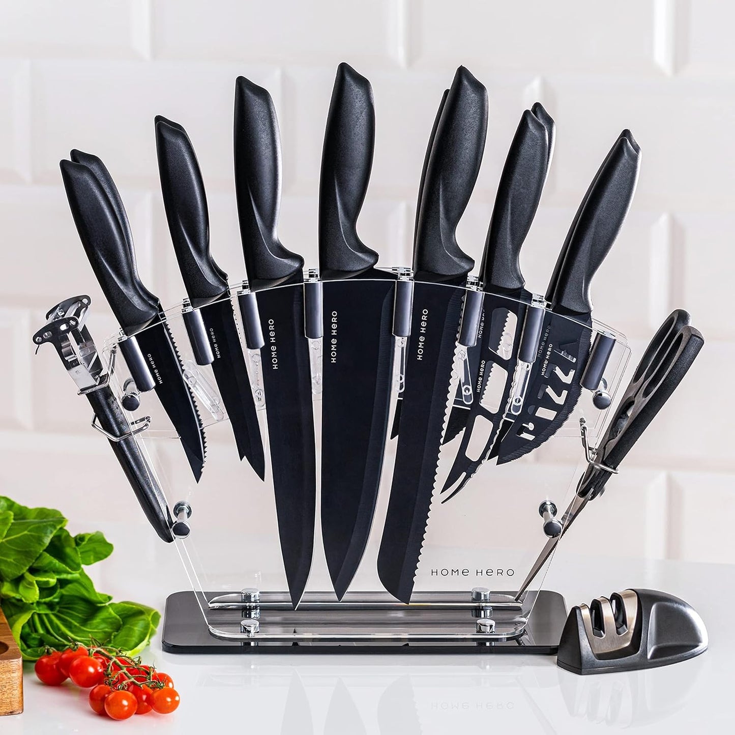 Kitchen Knife Set with Sharpener - High Carbon Stainless Steel Knife Block Set with Ergonomic Handles (20 Pcs - Black)