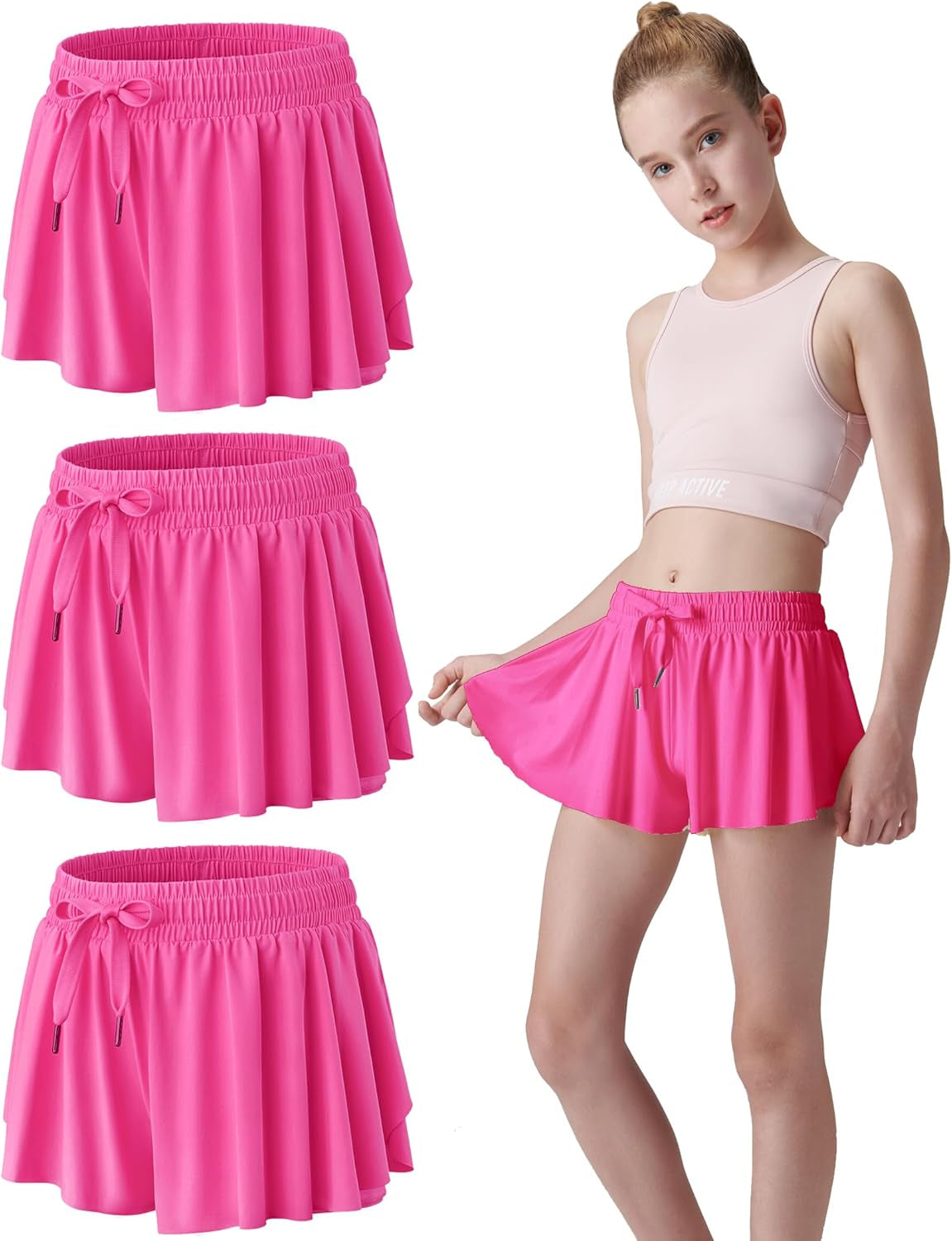 3 Pack Girls Flowy Shorts with Spandex Liner 2-In-1 Youth Butterfly Skirts for Fitness, Running, Sports