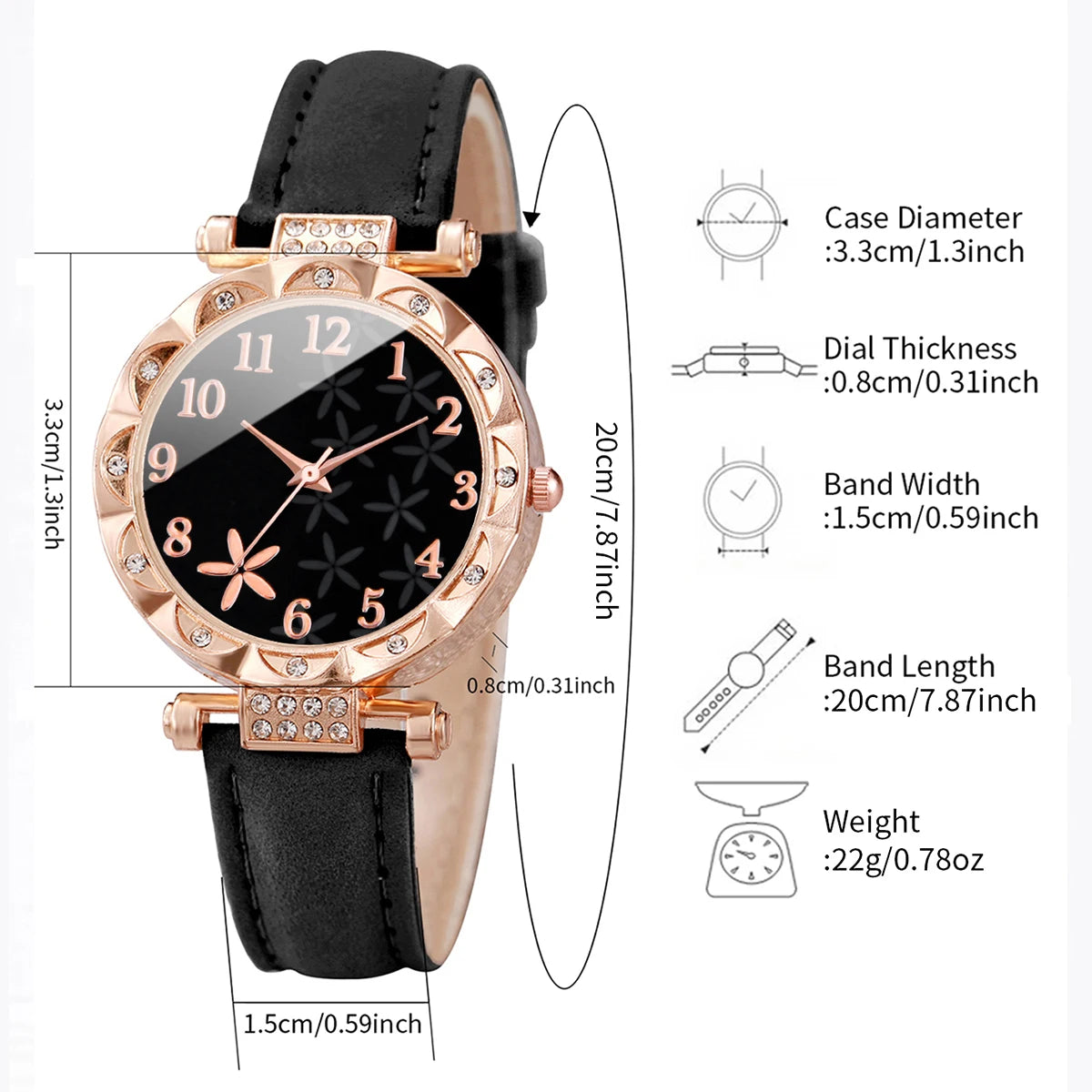 2Pcs/Set Women Watches Rhinestone Heart Bracelet Set Fashion Flower Dial Female Leather Band Quartz Wristwatch