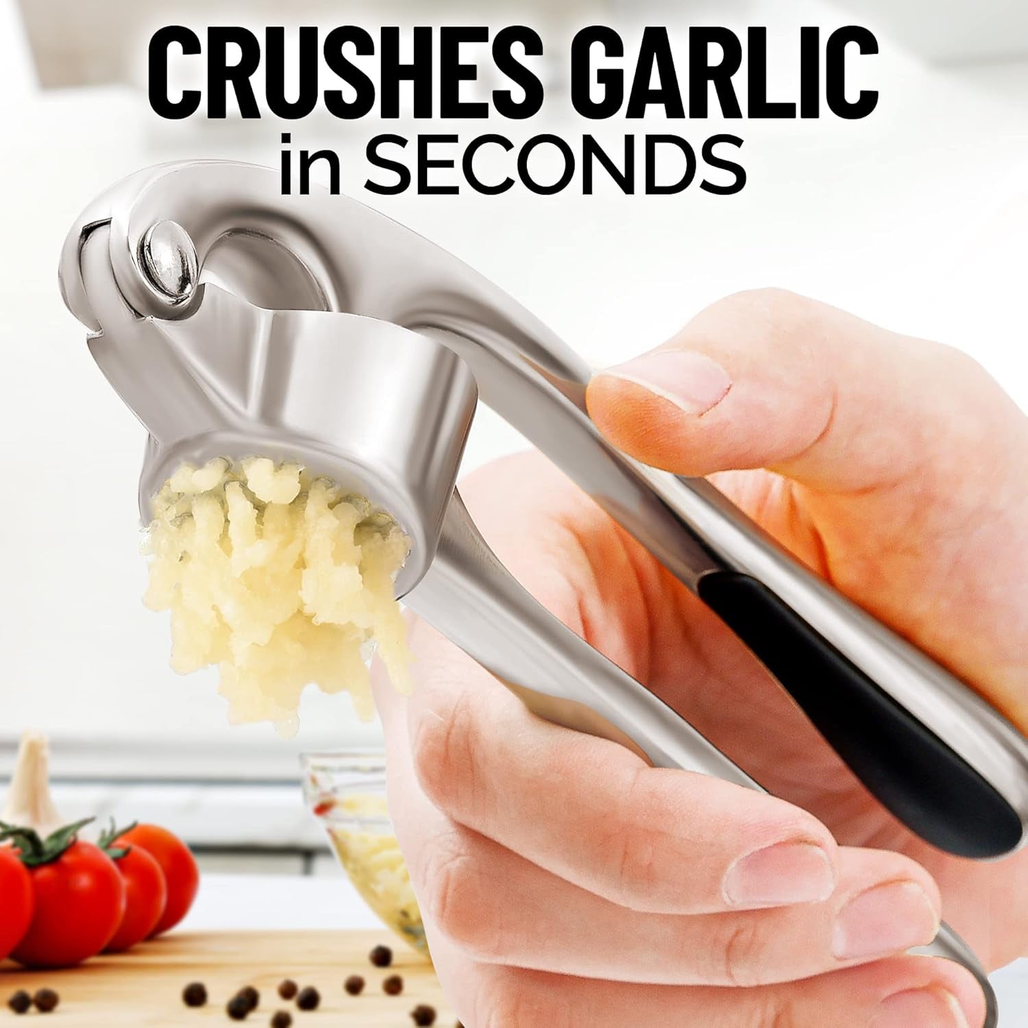 Premium Garlic Press Set - Rust Proof & Dishwasher Safe Professional Garlic Mincer Tool - Easy-Squeeze, Easy-Clean with Soft, Ergonomic Handle - Silicone Garlic Peeler & Brush (Silver)