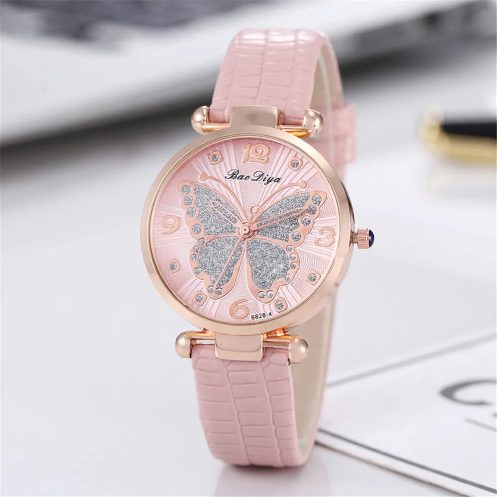 Butterfly Diamond Dial Design Women Quartz Watches Fashion Casual Ladies Wristwatches Simple Woman Leather Clock Montre Femme