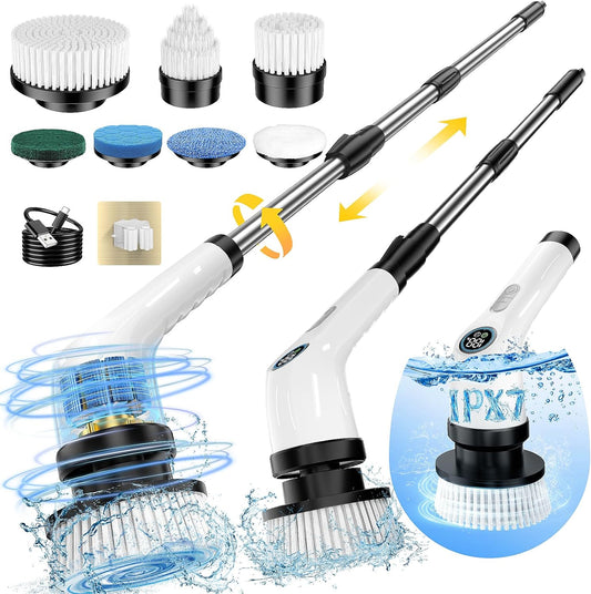 Electric Spin Scrubber, Full-Body IPX7 Waterproof Cordless Power Cleaning Brush with Adjustable Extension Handle, 2-Speed Shower Scrubber with 7 Replaceable Brush Heads for Bathroom, Kitchen Cleaning