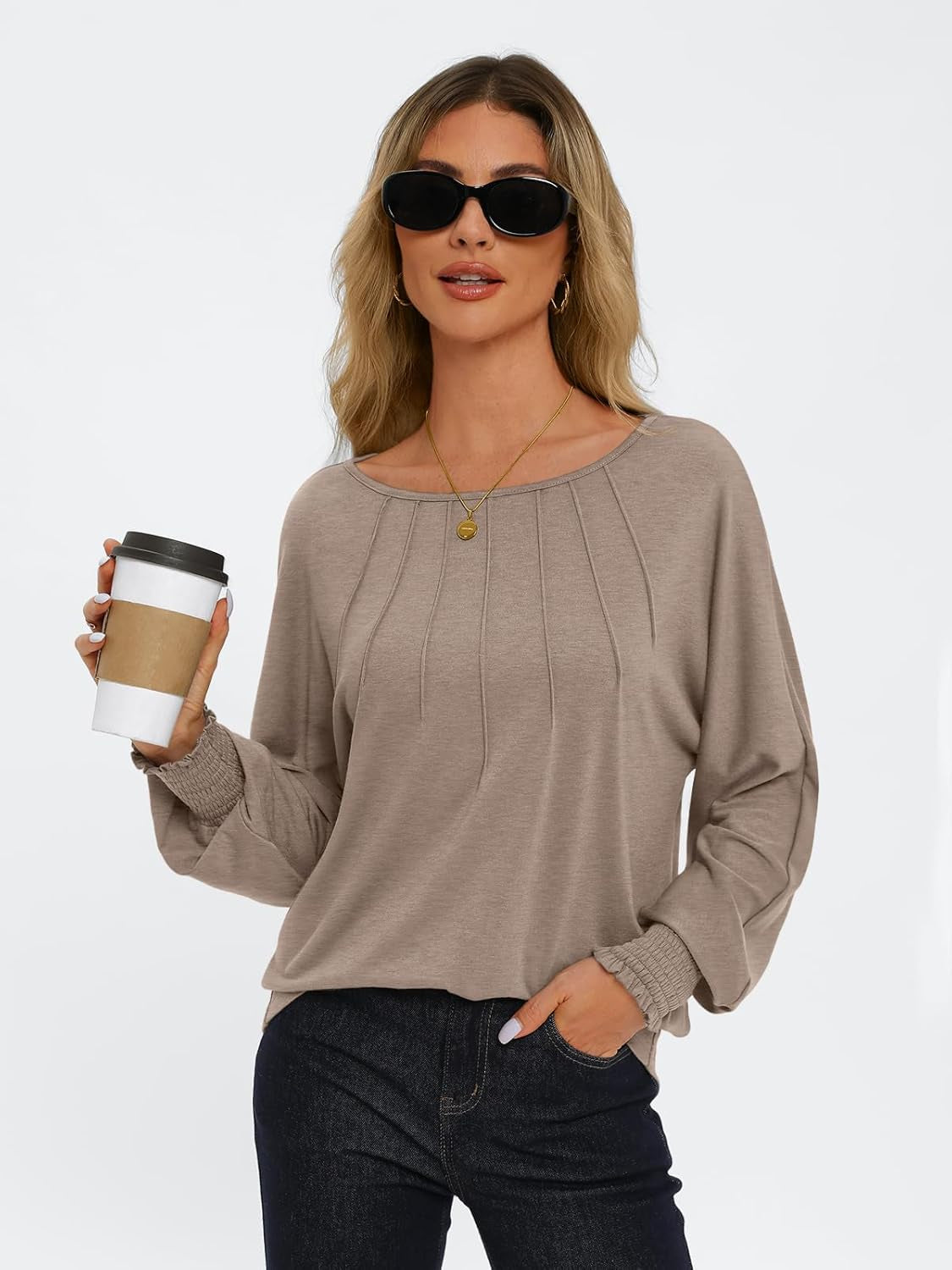 Womens Fall Fashion Long Sleeve Shirts Fall Tops Pleated Shirts Casual Loose Dressy Basic Trendy Clothes 2024