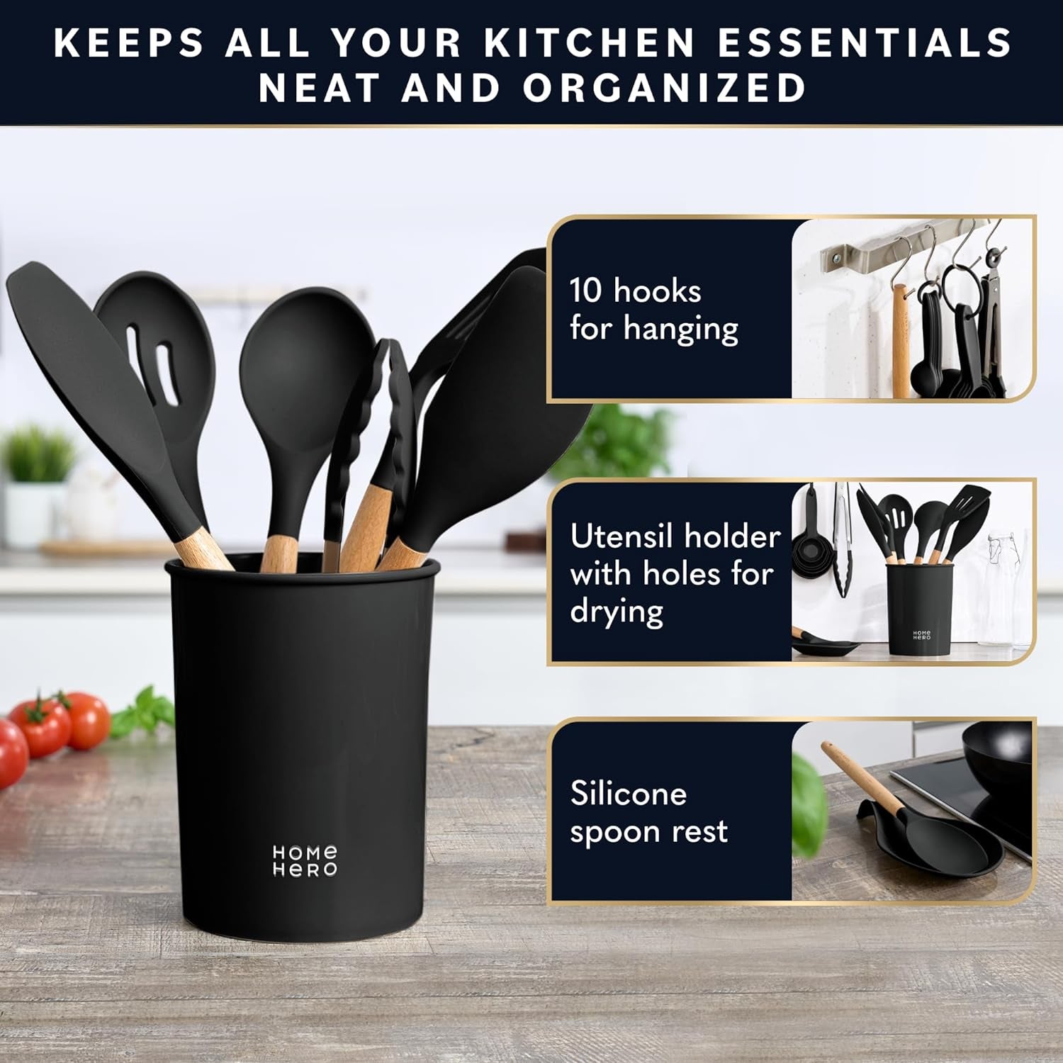 33 Pcs Kitchen Cooking Utensils Set, Non-Stick Silicone Cooking Kitchen Utensils Spatula Set with Holder, Wooden Handle Silicone Kitchen Gadgets Utensil Set (33 Pcs - Black)