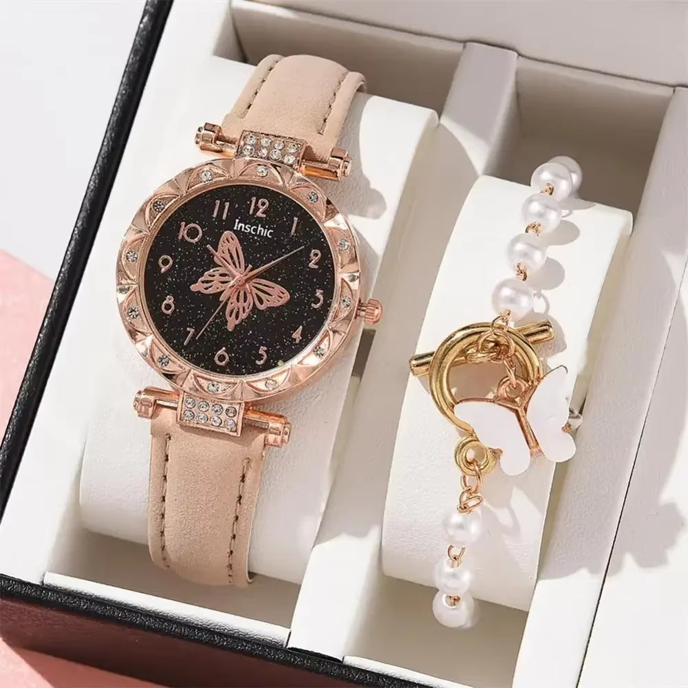 Women Fashion Watch Set No Box Quartz Wristwatch Luxury Crystal Rhinestone Pearl Quartz Watches Butterfly Watches Bracelet Set