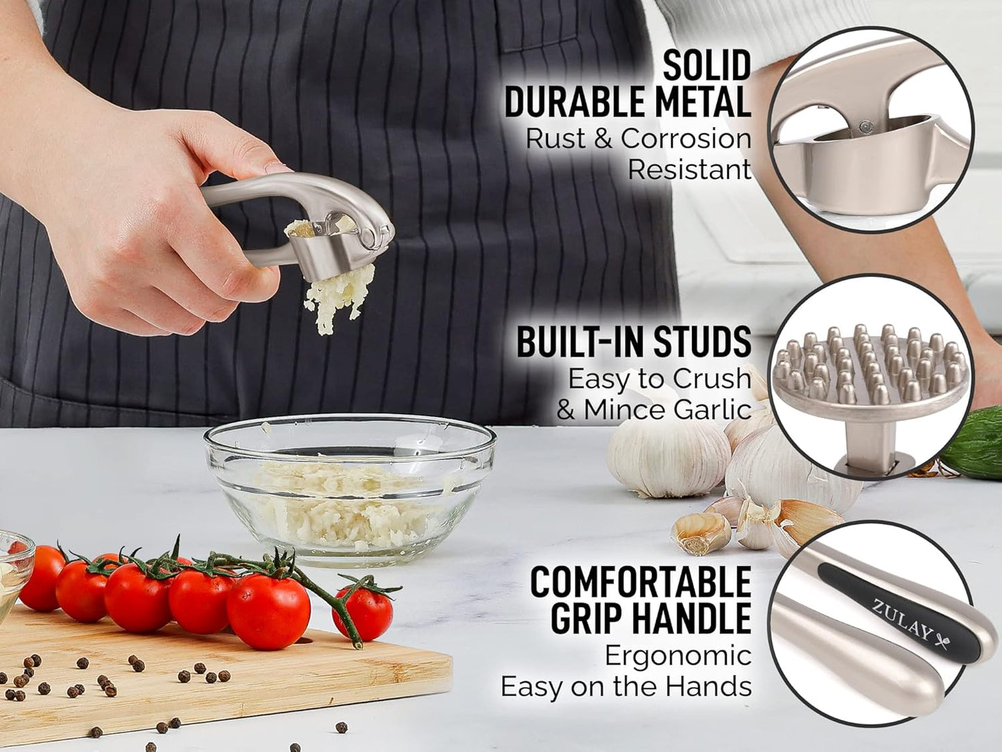 Premium Garlic Press Set - Rust Proof & Dishwasher Safe Professional Garlic Mincer Tool - Easy-Squeeze, Easy-Clean with Soft, Ergonomic Handle - Silicone Garlic Peeler & Brush (Silver)