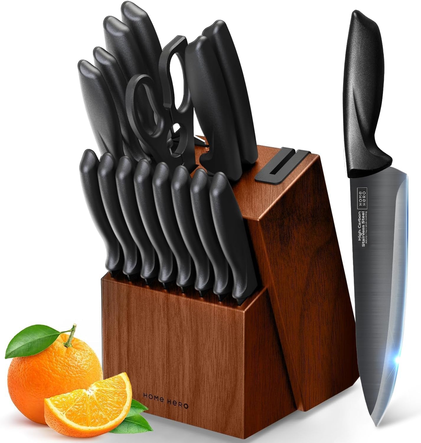 Kitchen Knife Set with Sharpener - High Carbon Stainless Steel Knife Block Set with Ergonomic Handles (20 Pcs - Black)