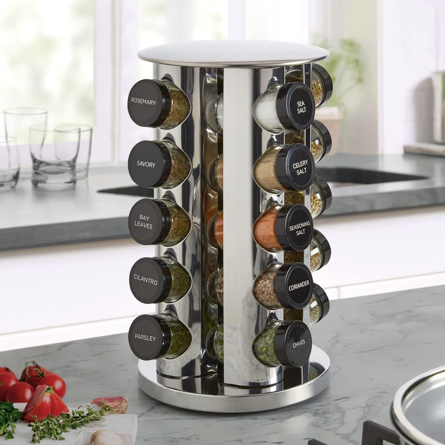 20 Jar Revolving Countertop Spice Rack with Spices Included, FREE Spice Refills for 5 Years, Polished Stainless Steel with Black Caps, 30020