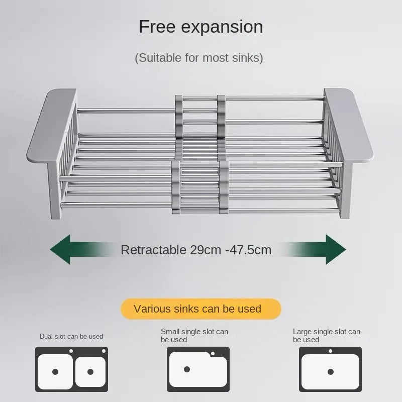 Kitchen Sink Rack Drain Rack Stainless Steel Vegetable and Fruit Drain Basket Household Thickened Retractable