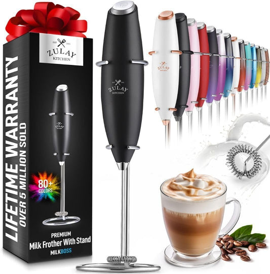 Powerful Milk Frother Wand - Ultra Fast Handheld Drink Mixer - Electric Whisk Foam Maker for Coffee, Lattes, Cappuccino, Frappe, Matcha, Hot Chocolate & Coffee Creamer - Milk Boss Black