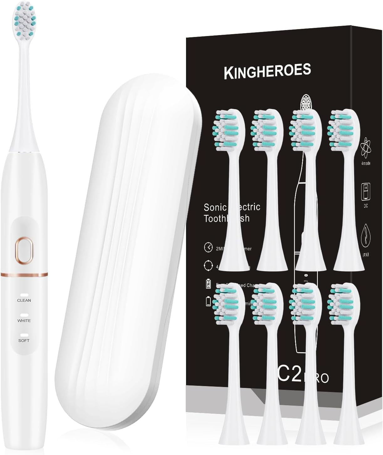 Electric Toothbrush Set, Comes with 8 Brush Heads & Travel Case,4 Modes with 2 Minutes Built in Smart Timer, One Charge for 60 Days, 42000 VPM Motor (Black)