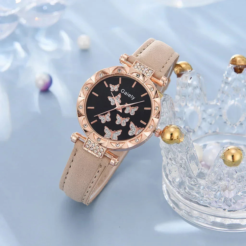 6/1Pcs Set Women Watch Ring Necklace Earrings Bracelet Set Watches Butterfly Leather Strap Ladies Quartz Wristwatch (No Box)