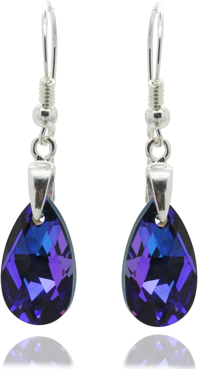 "Made with Imitation of Crystals" Sterling Silver 925 Purple Blue Drop Dangle Pierced Earrings