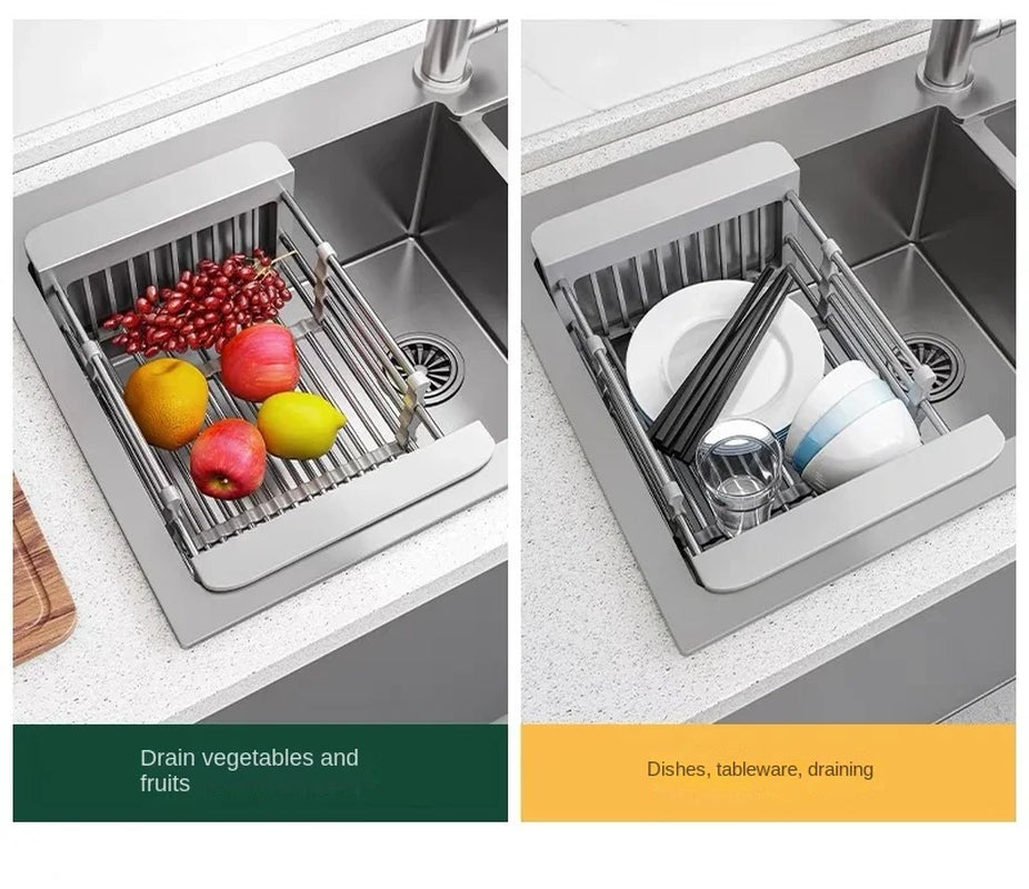 Kitchen Sink Rack Drain Rack Stainless Steel Vegetable and Fruit Drain Basket Household Thickened Retractable