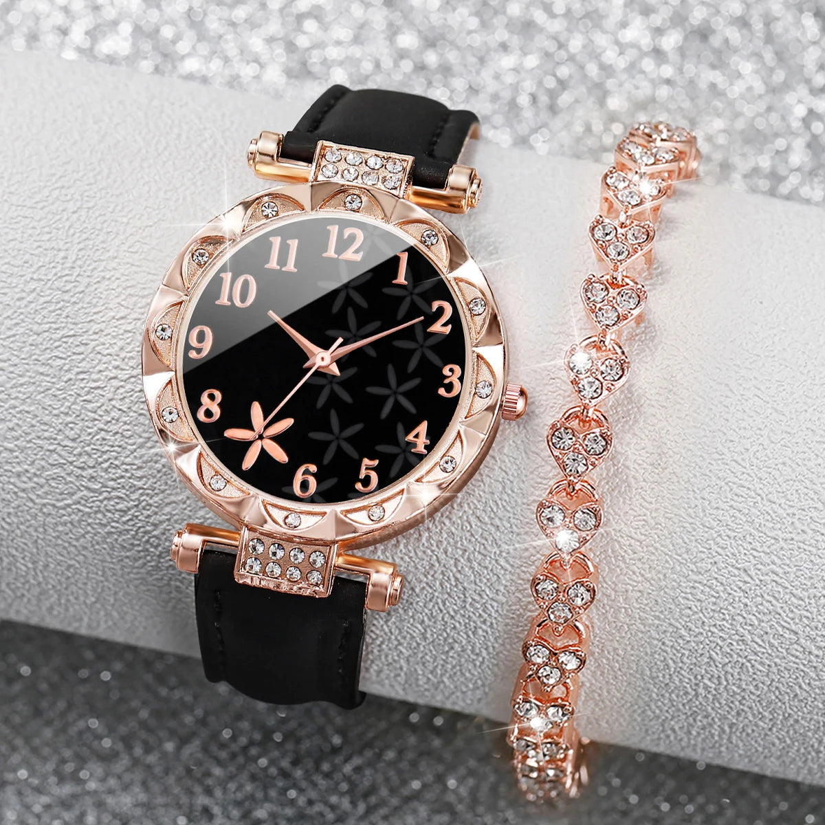 2Pcs/Set Women Watches Rhinestone Heart Bracelet Set Fashion Flower Dial Female Leather Band Quartz Wristwatch