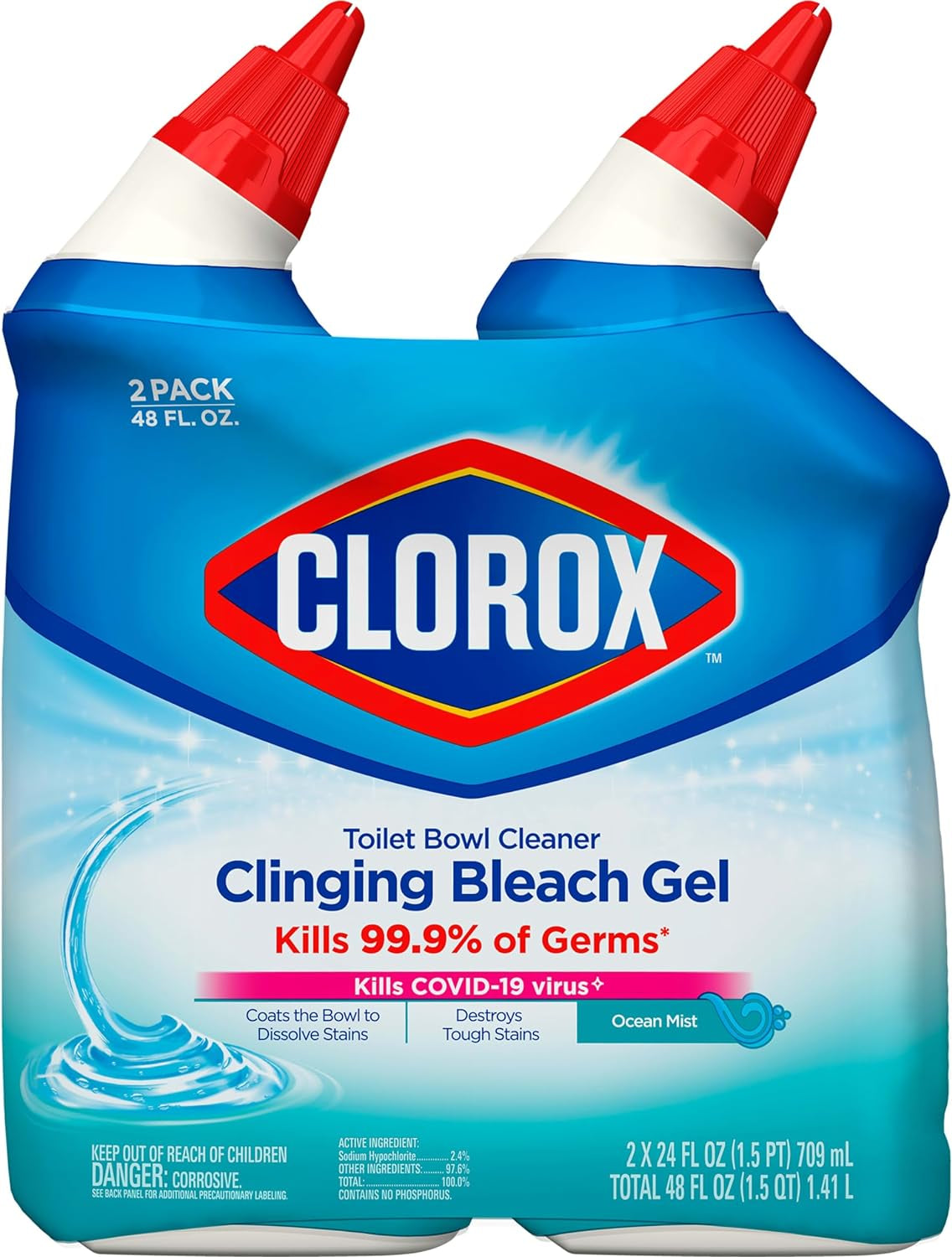 Toilet Bowl Cleaner, Clinging Bleach Gel, Ocean Mist - 24 Ounces, Pack of 2