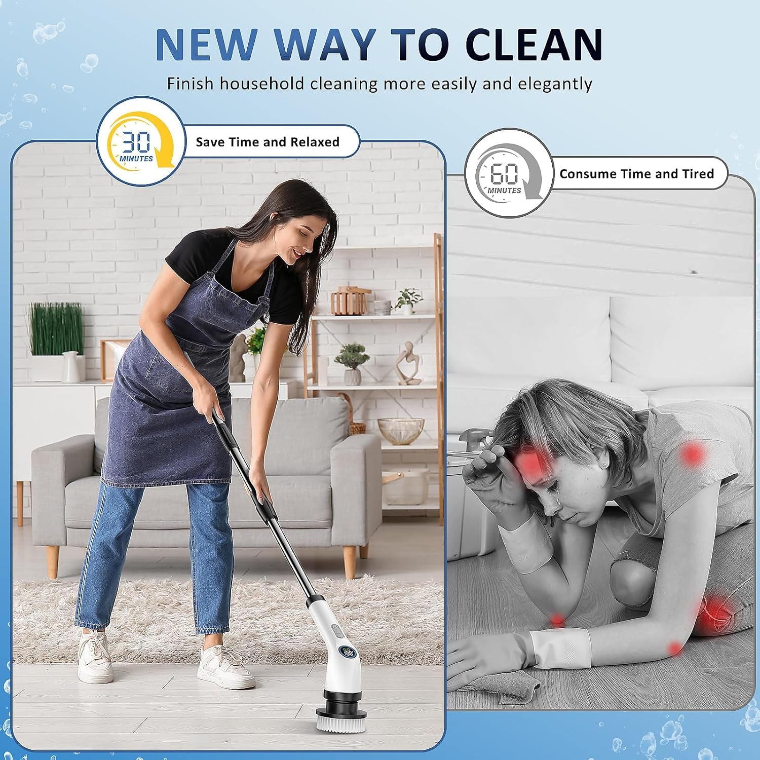 Electric Spin Scrubber, Full-Body IPX7 Waterproof Cordless Power Cleaning Brush with Adjustable Extension Handle, 2-Speed Shower Scrubber with 7 Replaceable Brush Heads for Bathroom, Kitchen Cleaning