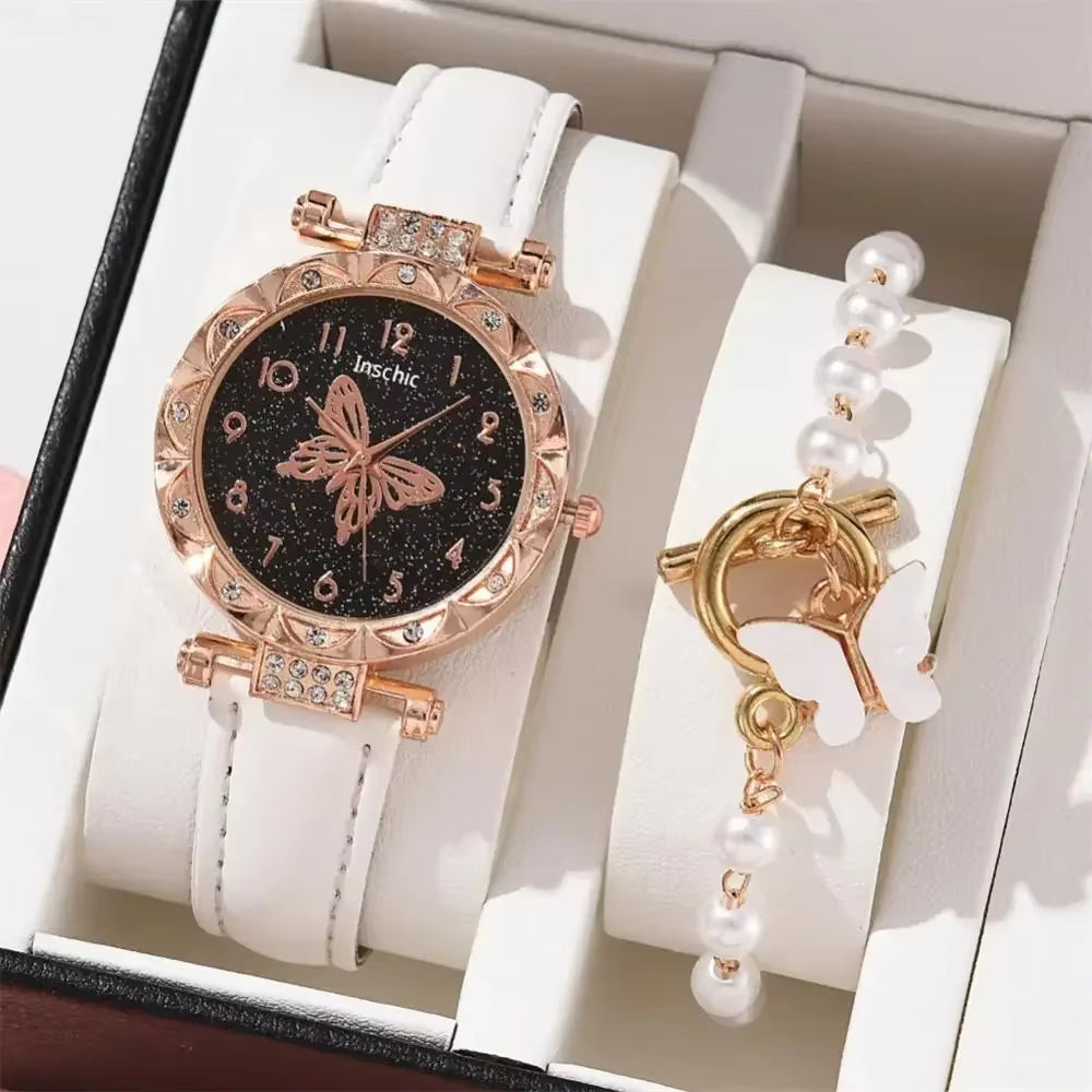 Women Fashion Watch Set No Box Quartz Wristwatch Luxury Crystal Rhinestone Pearl Quartz Watches Butterfly Watches Bracelet Set