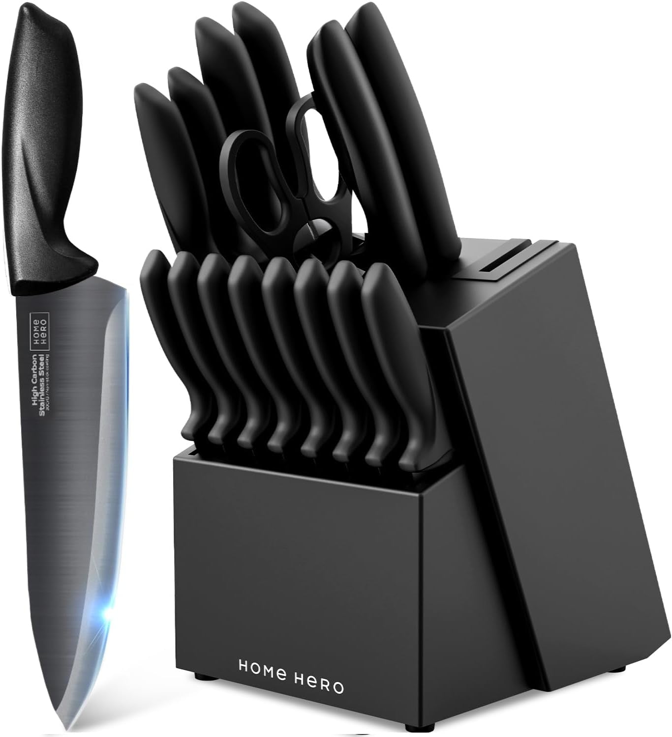 Kitchen Knife Set with Sharpener - High Carbon Stainless Steel Knife Block Set with Ergonomic Handles (20 Pcs - Black)