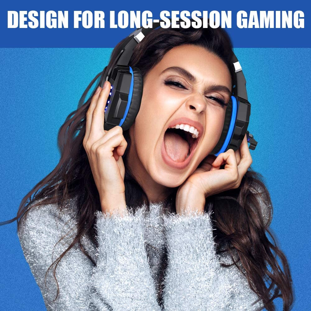 G9000 Stereo Gaming Headset for PS4 PC Xbox One PS5 Controller, Noise Cancelling over Ear Headphones with Mic, LED Light, Bass Surround, Soft Memory Earmuffs (Blue)