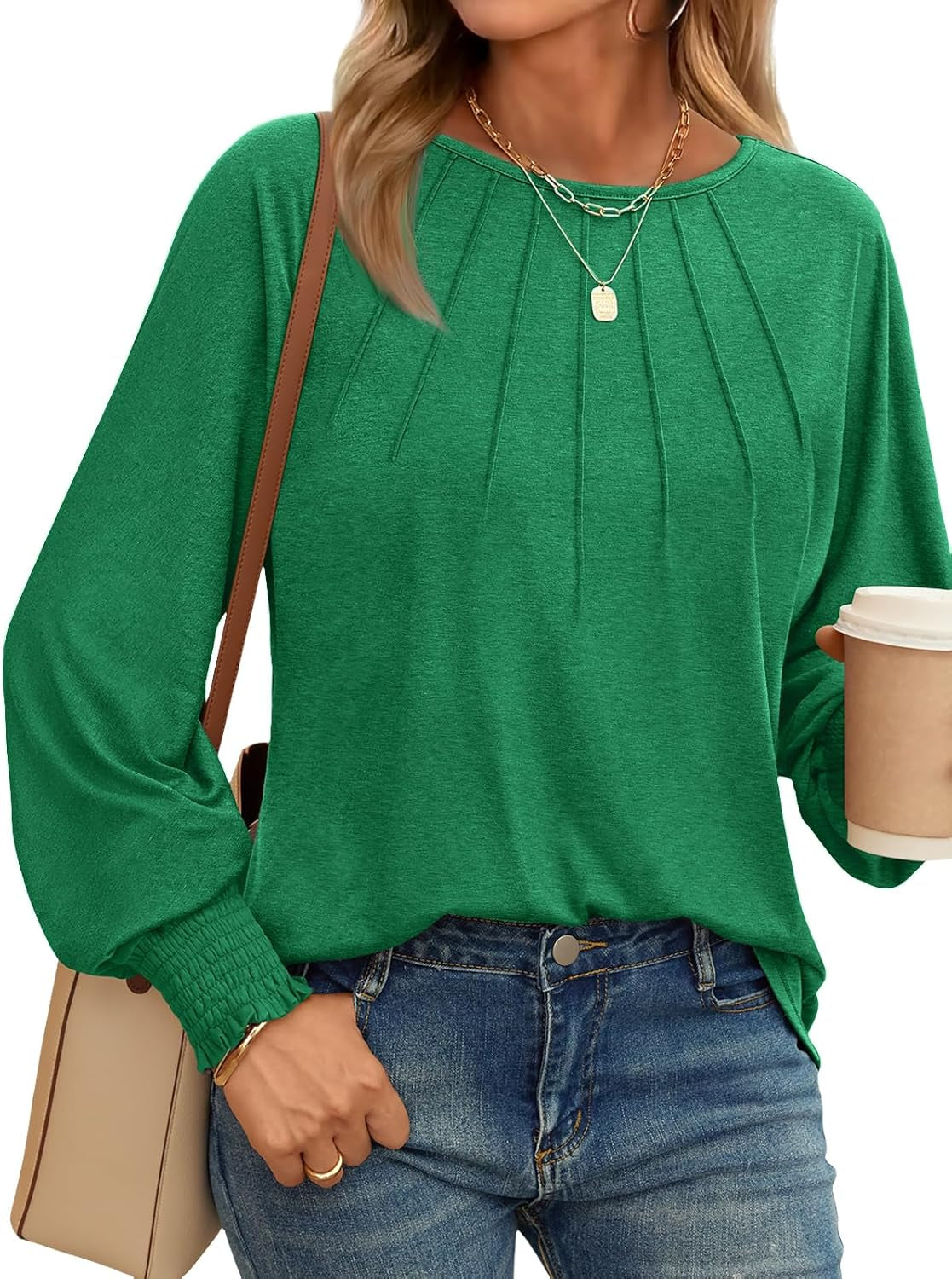 Womens Fall Fashion Long Sleeve Shirts Fall Tops Pleated Shirts Casual Loose Dressy Basic Trendy Clothes 2024