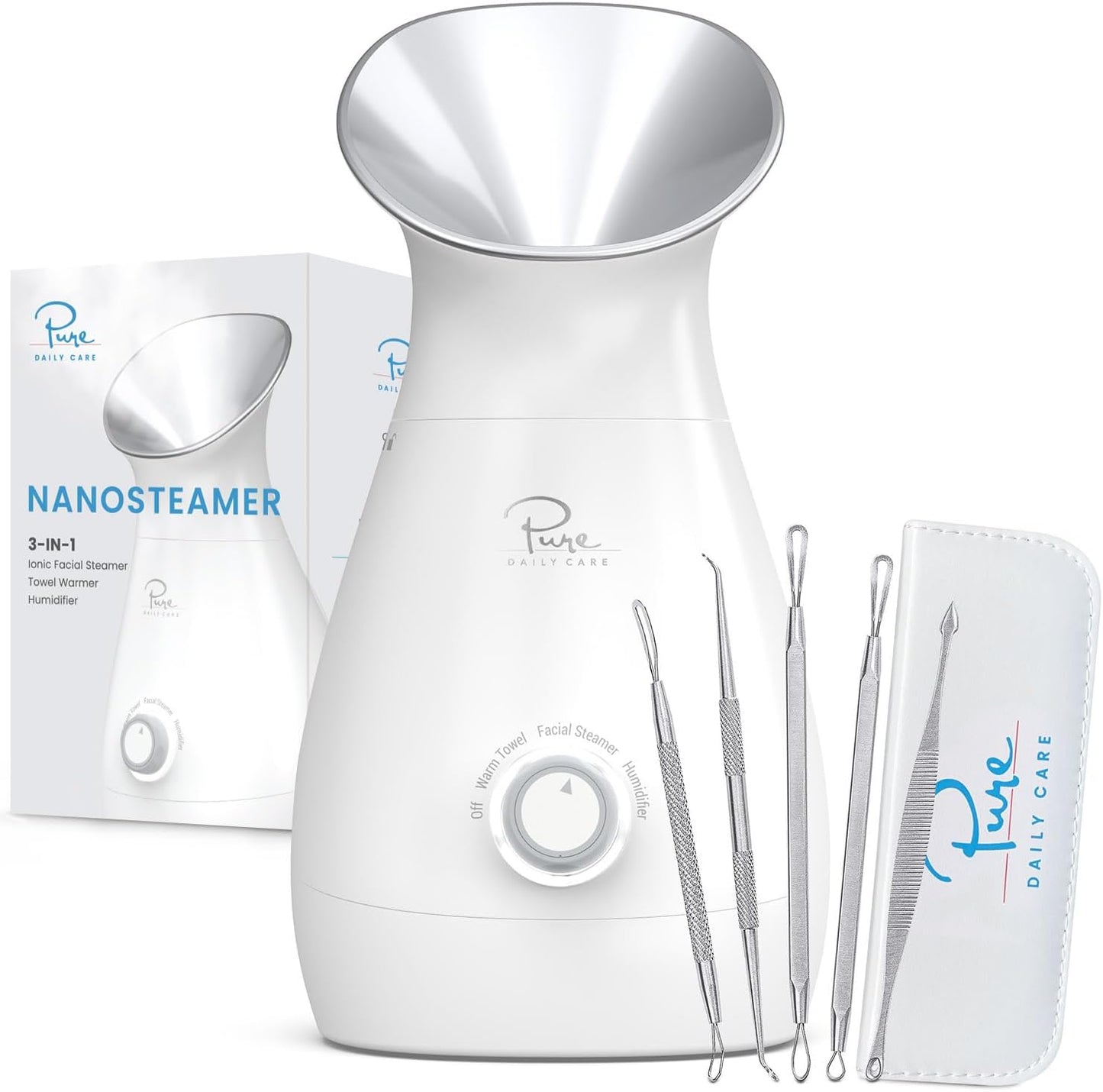 Nanosteamer Large 3-In-1 Nano Ionic Facial Steamer with Precise Temp Control - Humidifier - Unclogs Pores - Blackheads - Spa Quality - Bonus 5 Piece Stainless Steel Skin Kit (Teal)