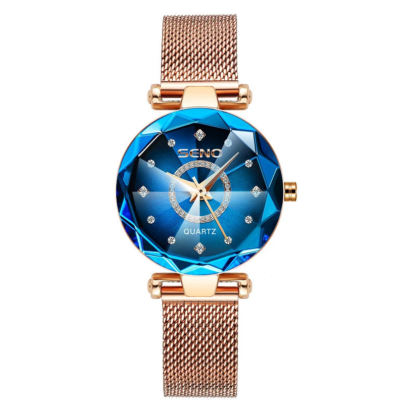 SENO Ocean Star Women Crystal Watch 2024 Top Brand Luxury Rose Gold Women Bracelet Watch for Ladies Wrist Watch Relogio Feminino