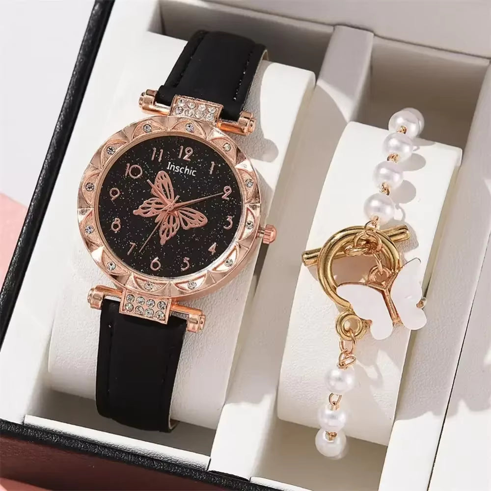 Women Fashion Watch Set No Box Quartz Wristwatch Luxury Crystal Rhinestone Pearl Quartz Watches Butterfly Watches Bracelet Set