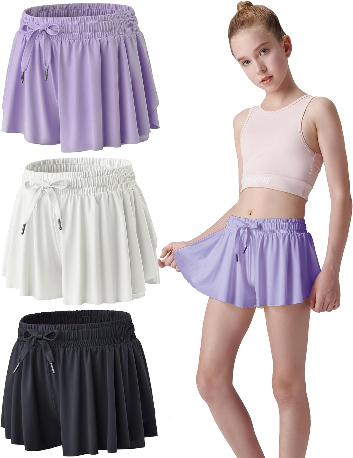 3 Pack Girls Flowy Shorts with Spandex Liner 2-In-1 Youth Butterfly Skirts for Fitness, Running, Sports