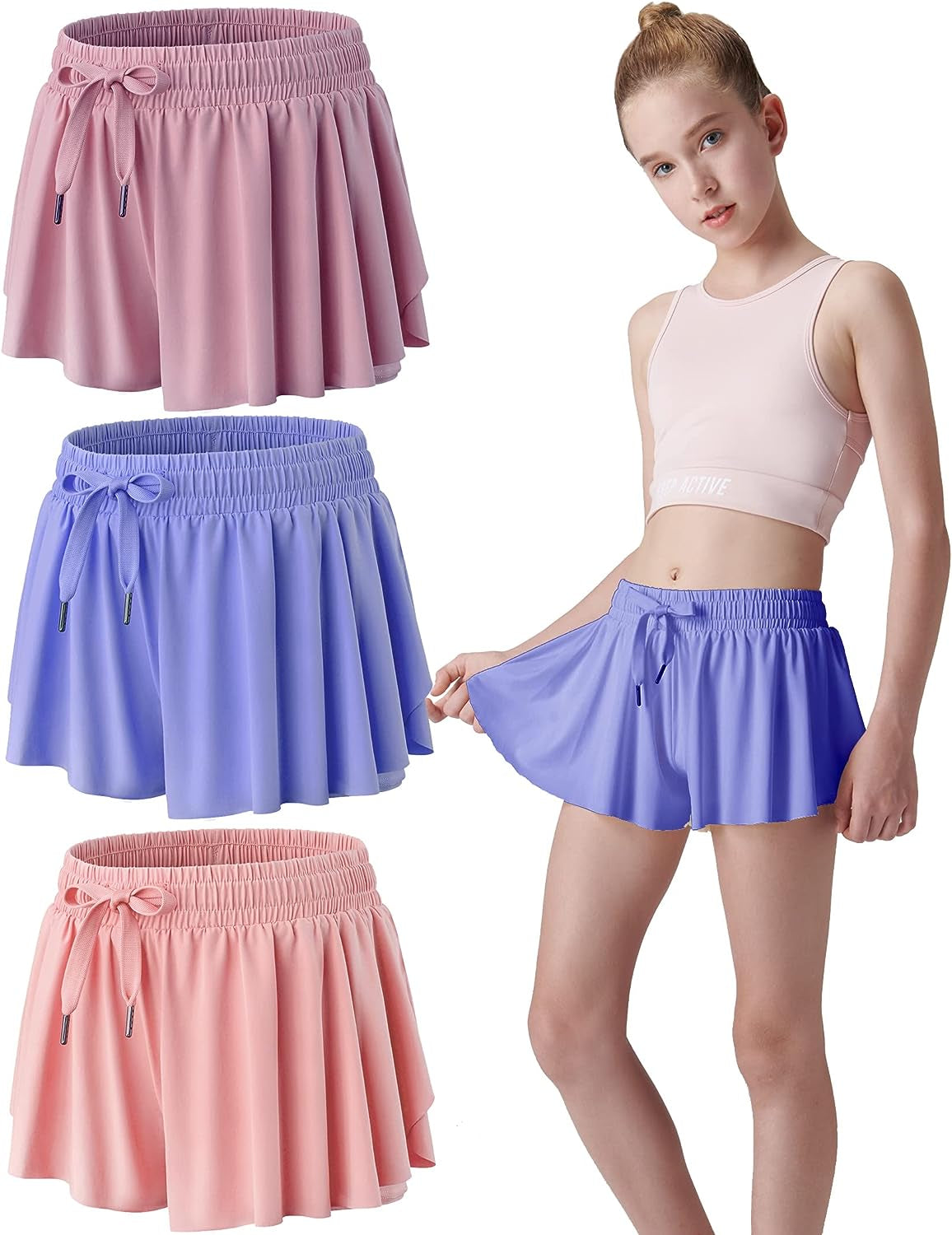 3 Pack Girls Flowy Shorts with Spandex Liner 2-In-1 Youth Butterfly Skirts for Fitness, Running, Sports