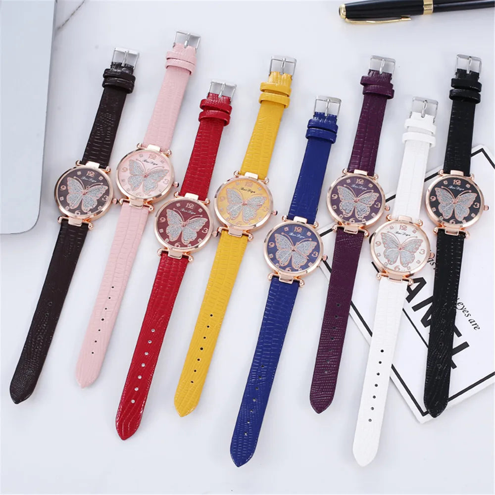 Butterfly Diamond Dial Design Women Quartz Watches Fashion Casual Ladies Wristwatches Simple Woman Leather Clock Montre Femme