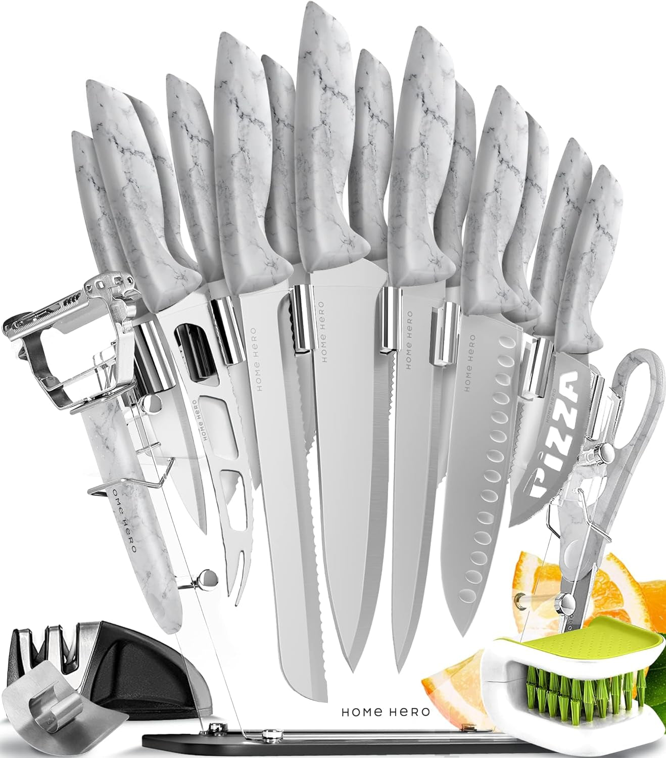 Kitchen Knife Set with Sharpener - High Carbon Stainless Steel Knife Block Set with Ergonomic Handles (20 Pcs - Black)