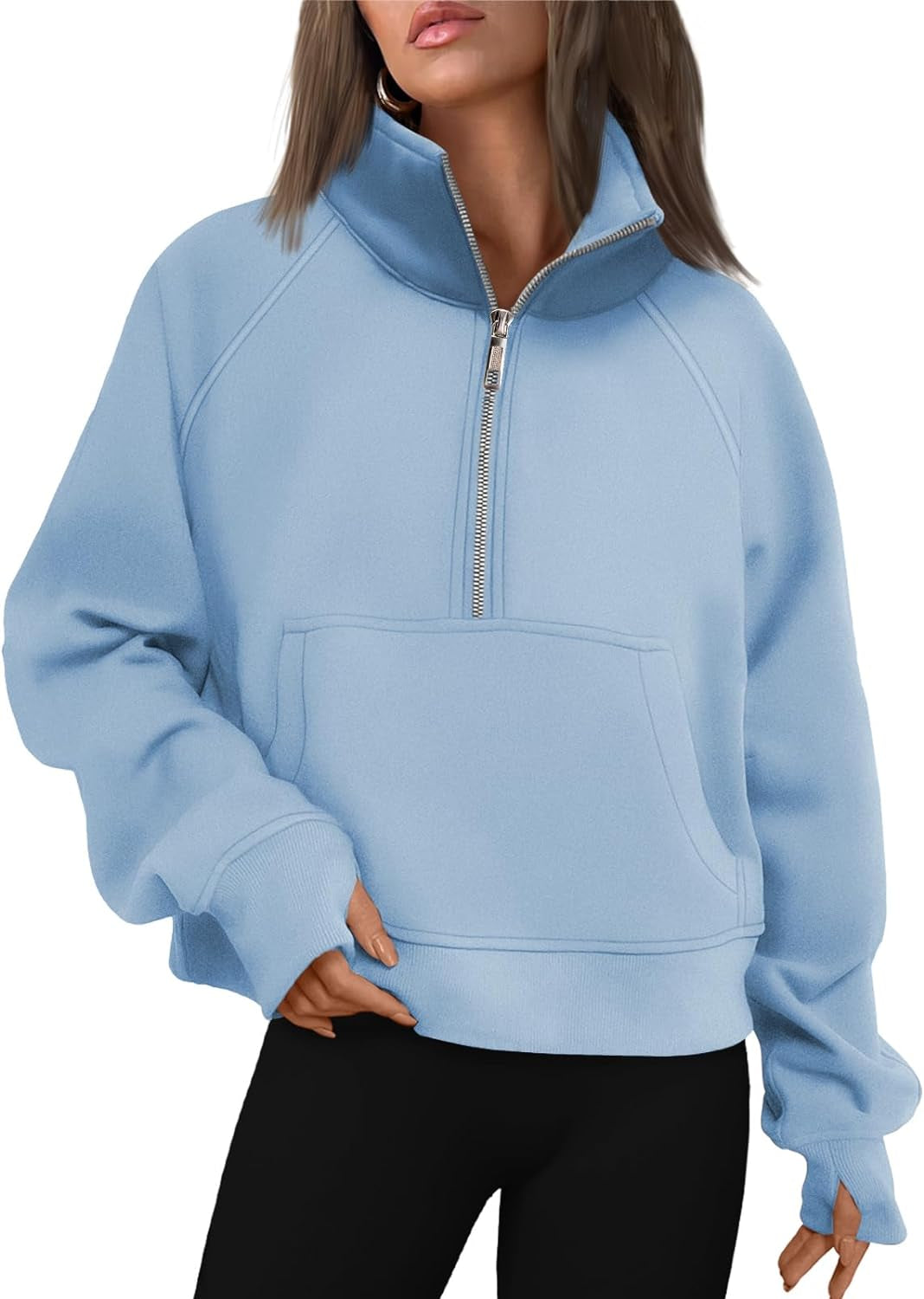 Womens Sweatshirts Half Zip Cropped Pullover Fleece Quarter Zipper Hoodies Fall Outfits Clothes Thumb Hole