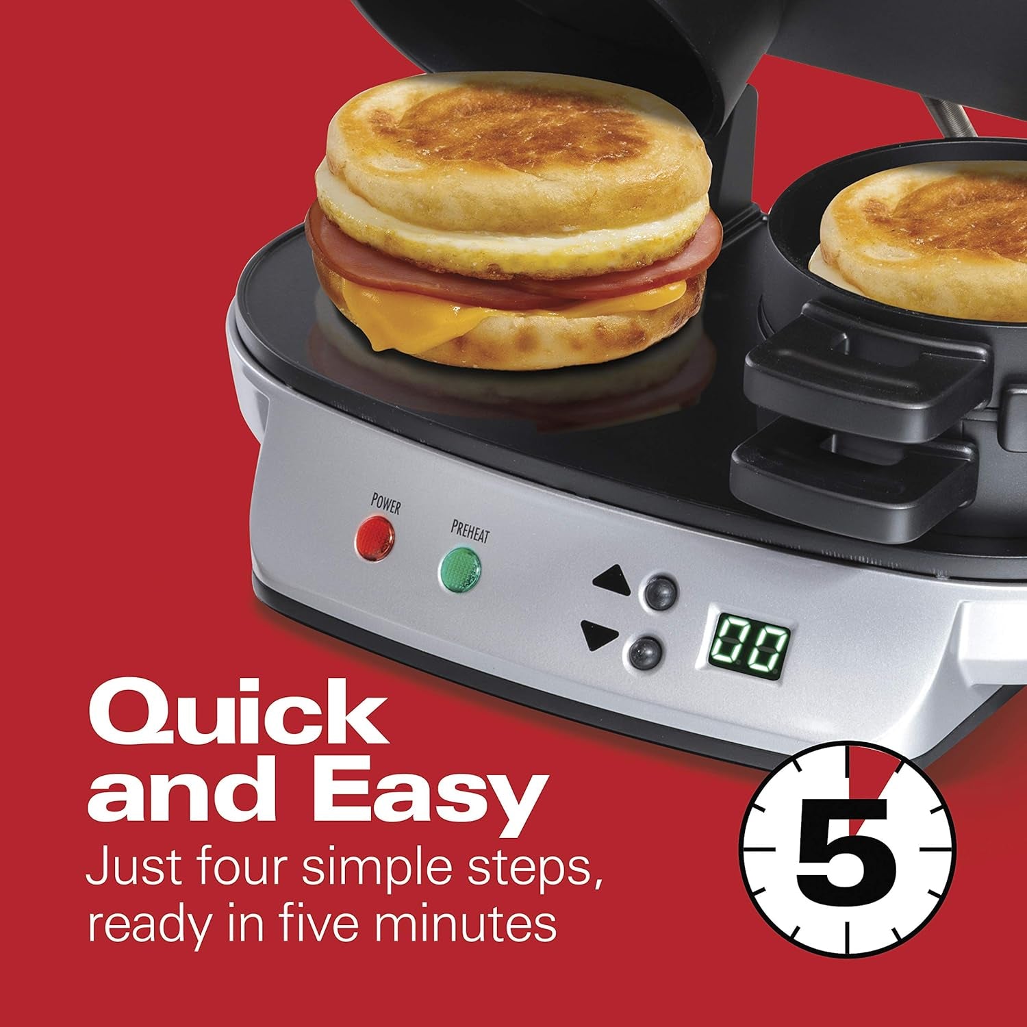 Dual Breakfast Sandwich Maker with Timer, Silver (25490A)